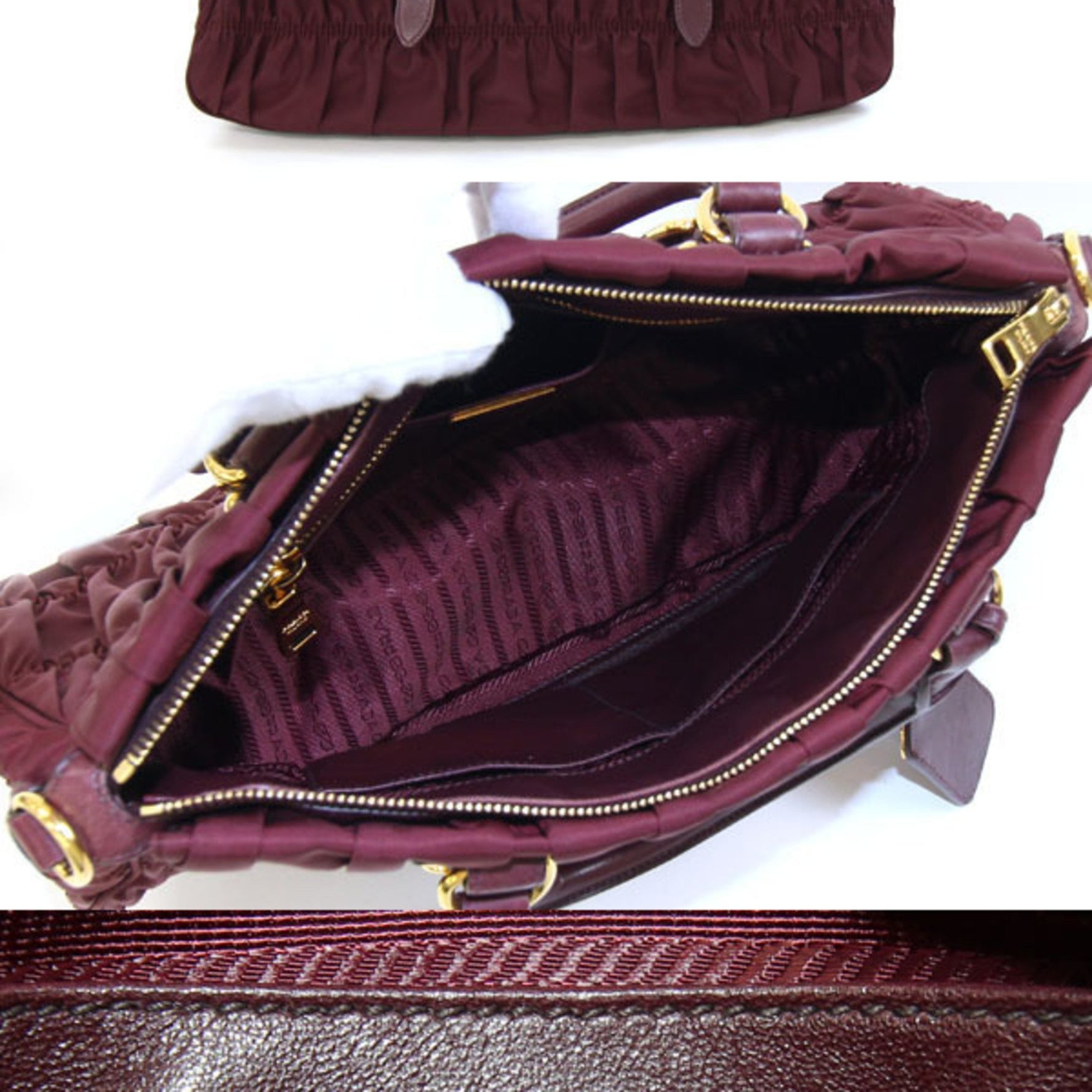 Prada Handbag Nylon and Leather Shoulder Bag with Gathered Trim