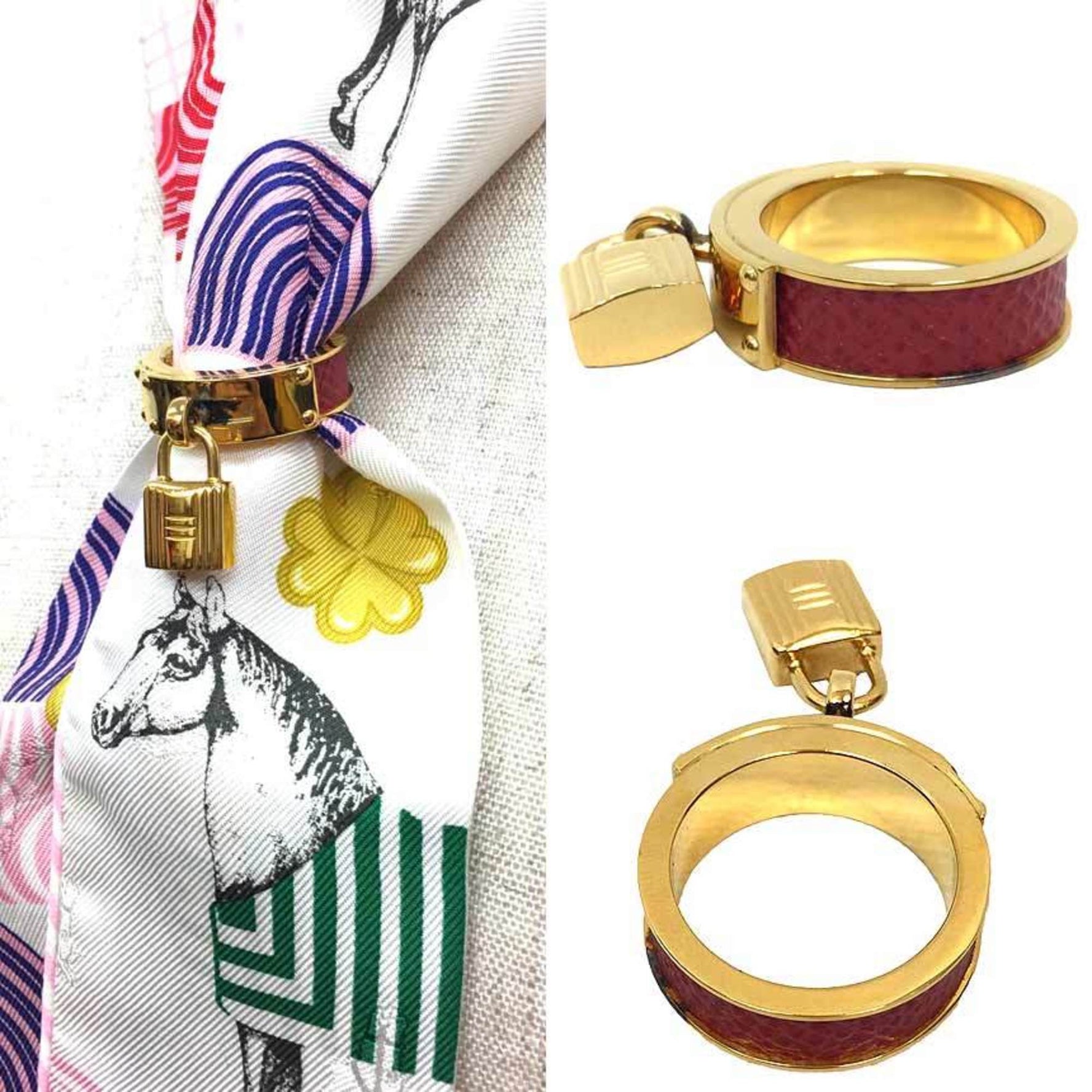 Hermes HERMES Kelly Cadena Scarf Ring Red x Gold H Muffler