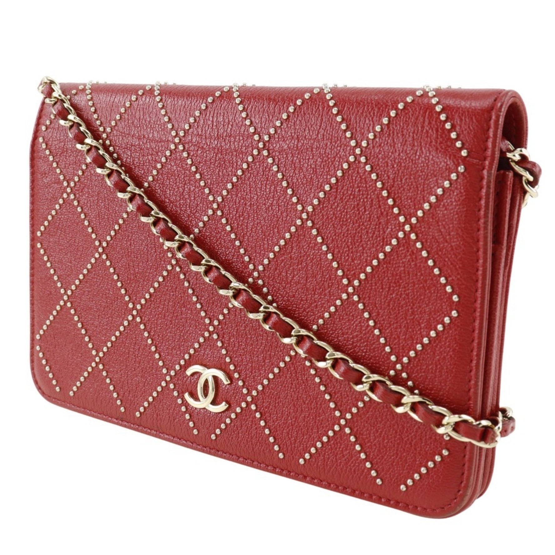 CHANEL Studs Chain Wallet Matelasse Coco Mark Calfskin 2019 Red Type Women's