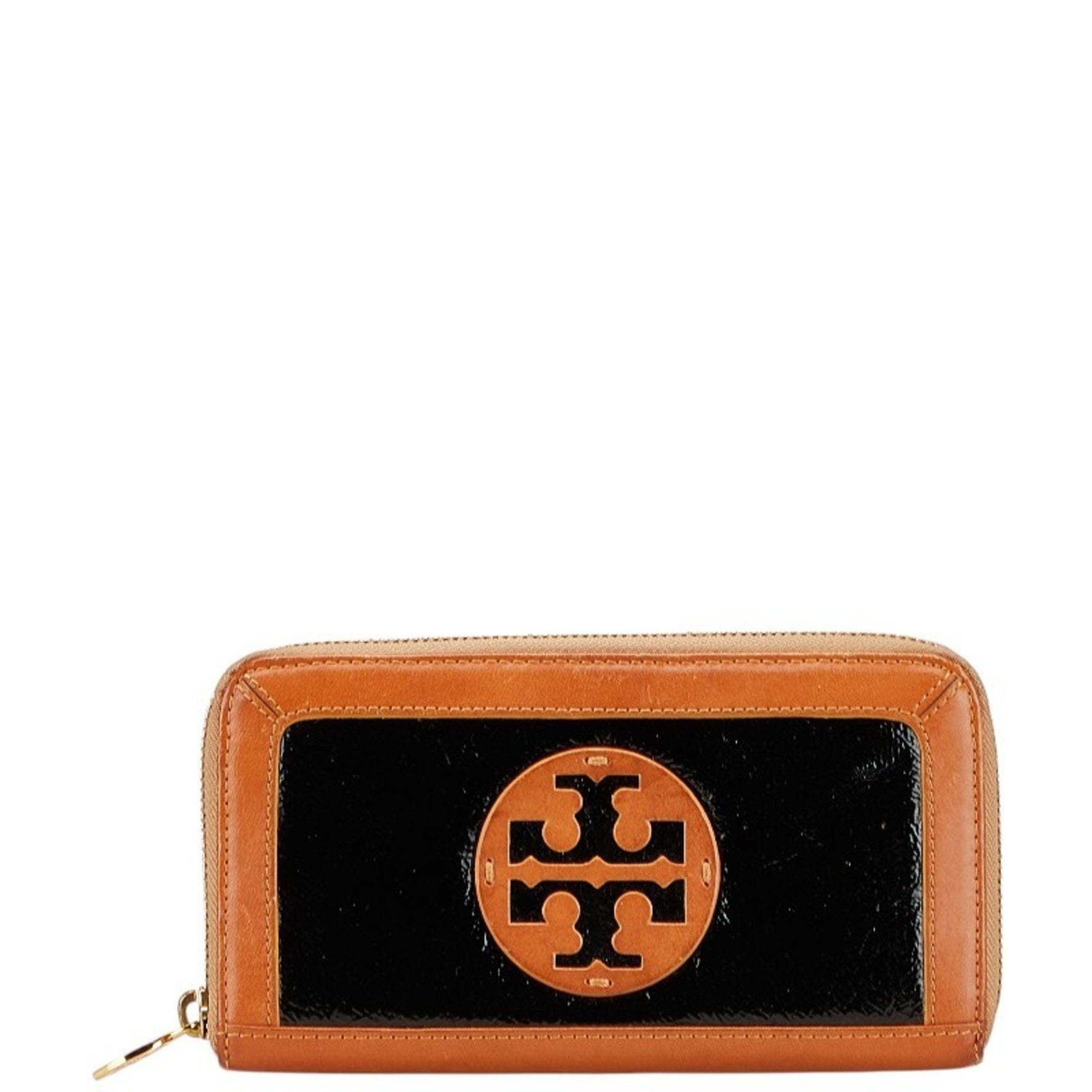 Tory Burch L-shaped zipper long wallet in brown, black, patent leather, .