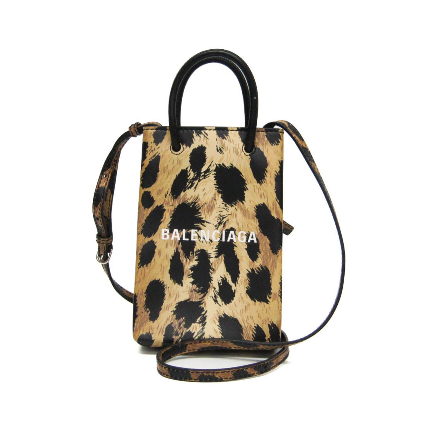 Balenciaga Shopping Phone Holder Shoulder Mini Bag Leopard Print Men,Women Leather Shoulder Bag Beige,Black