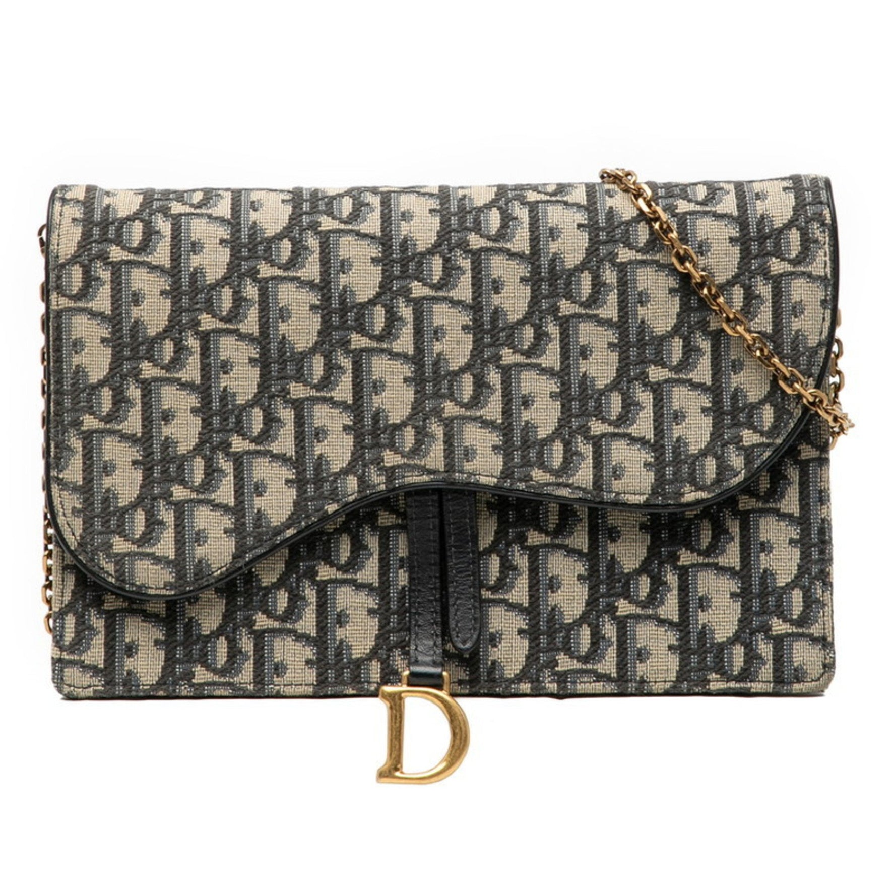 Christian Dior Dior Oblique Saddle Chain Shoulder Bag in Beige and Navy Canvas Leather .
