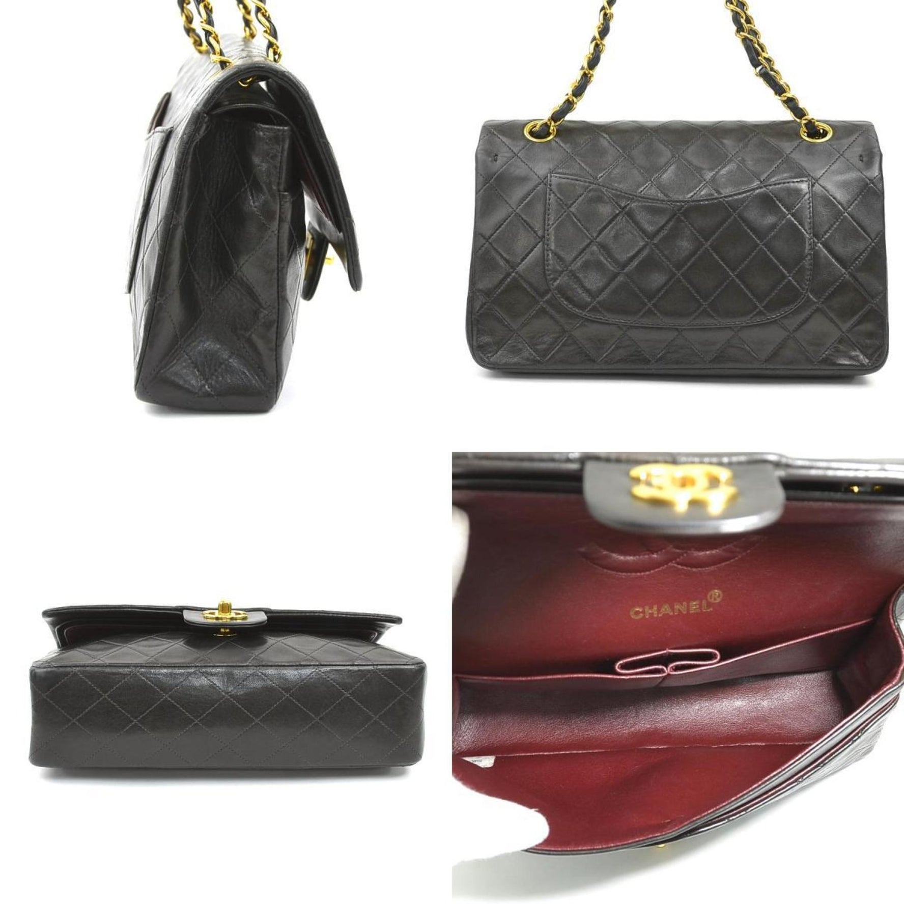 CHANEL Matelasse Shoulder Bag with Double Flap, Leather, Metal, Black, and Gold