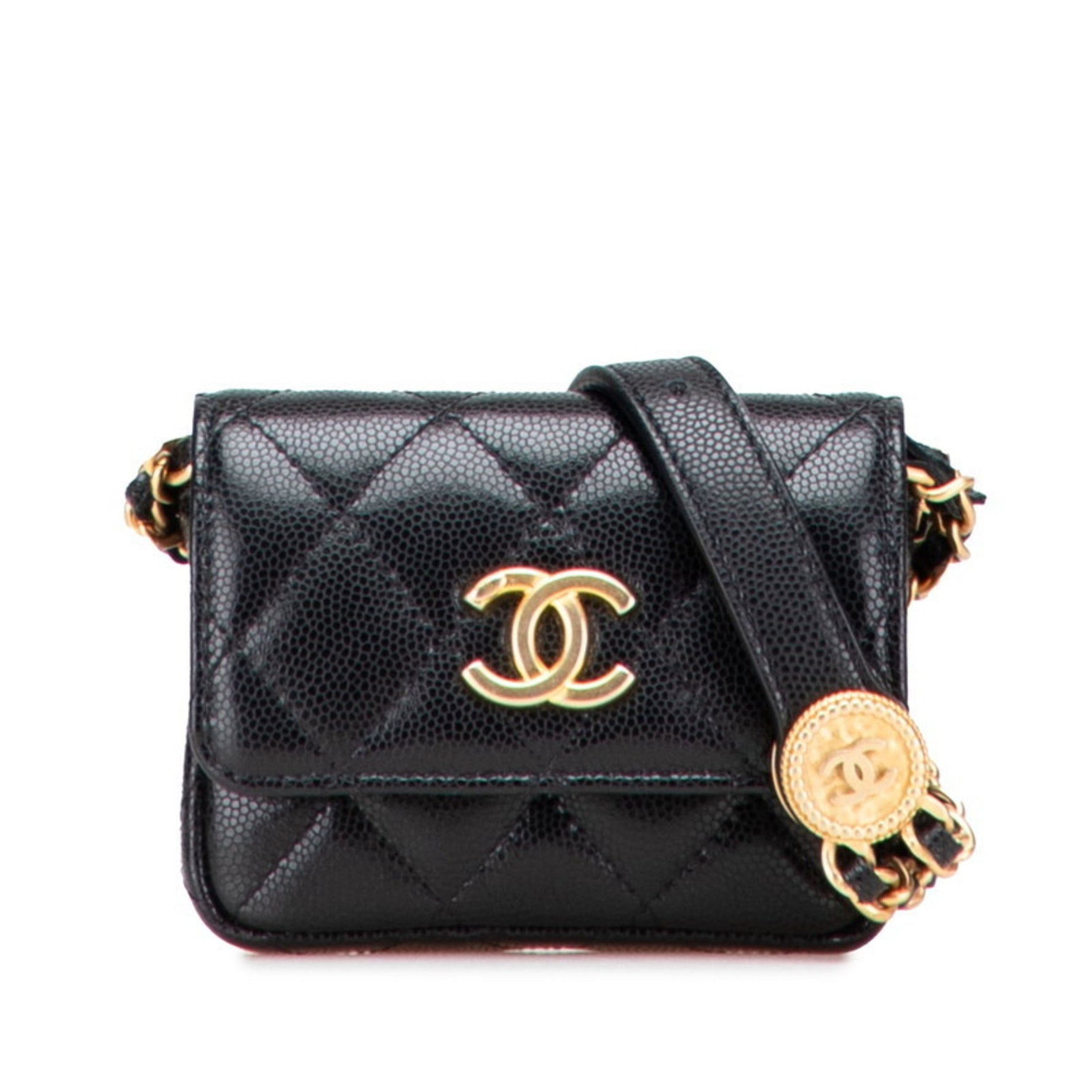 CHANEL Mini Matelasse Coco Mark Waist Bag/Body Bag in Black Caviar Skin for Women