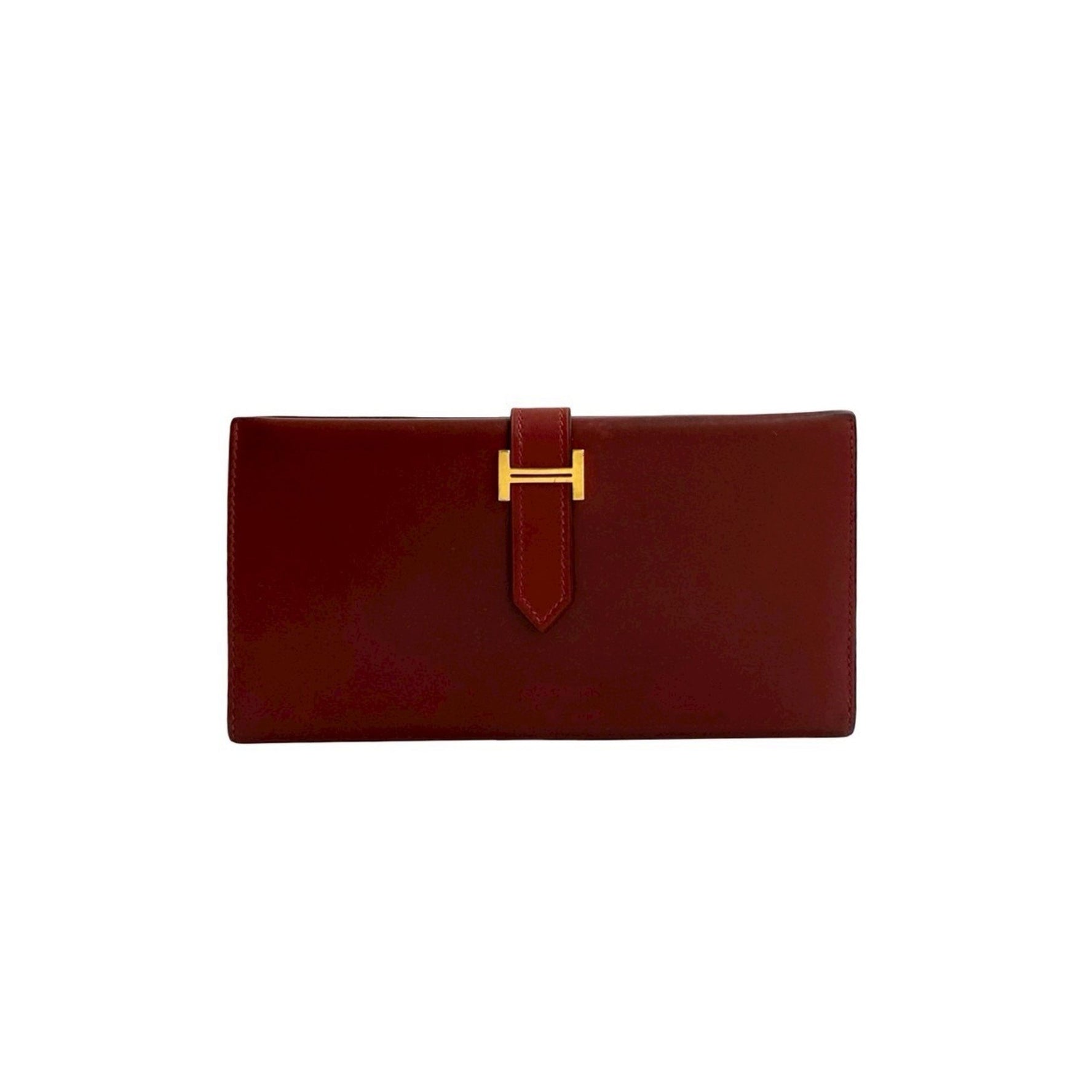 HERMES Bearn Box Calf Leather Long Wallet, Card Case, Coin Purse, Red,