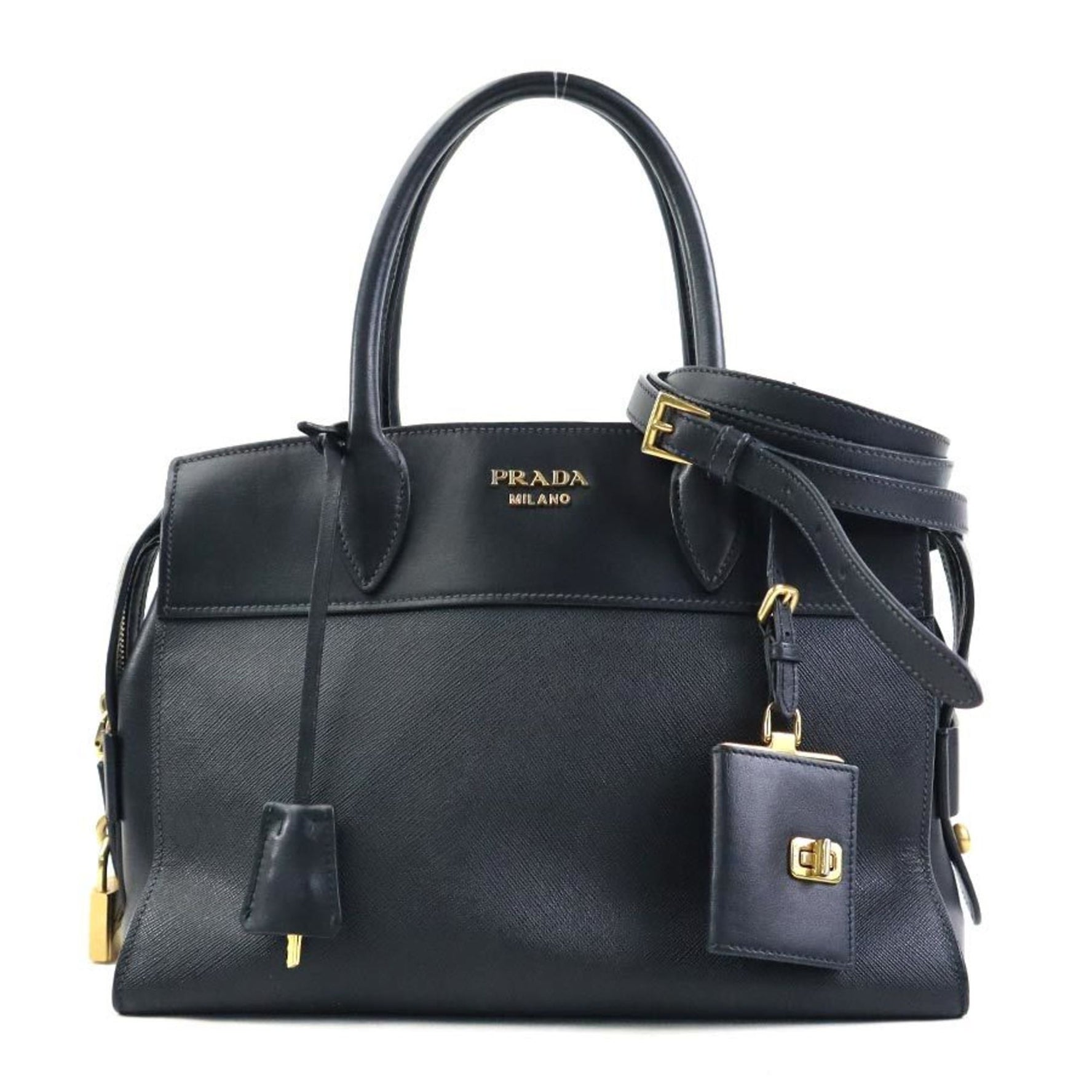 PRADA handbag shoulder bag leather black gold ladies e59914a