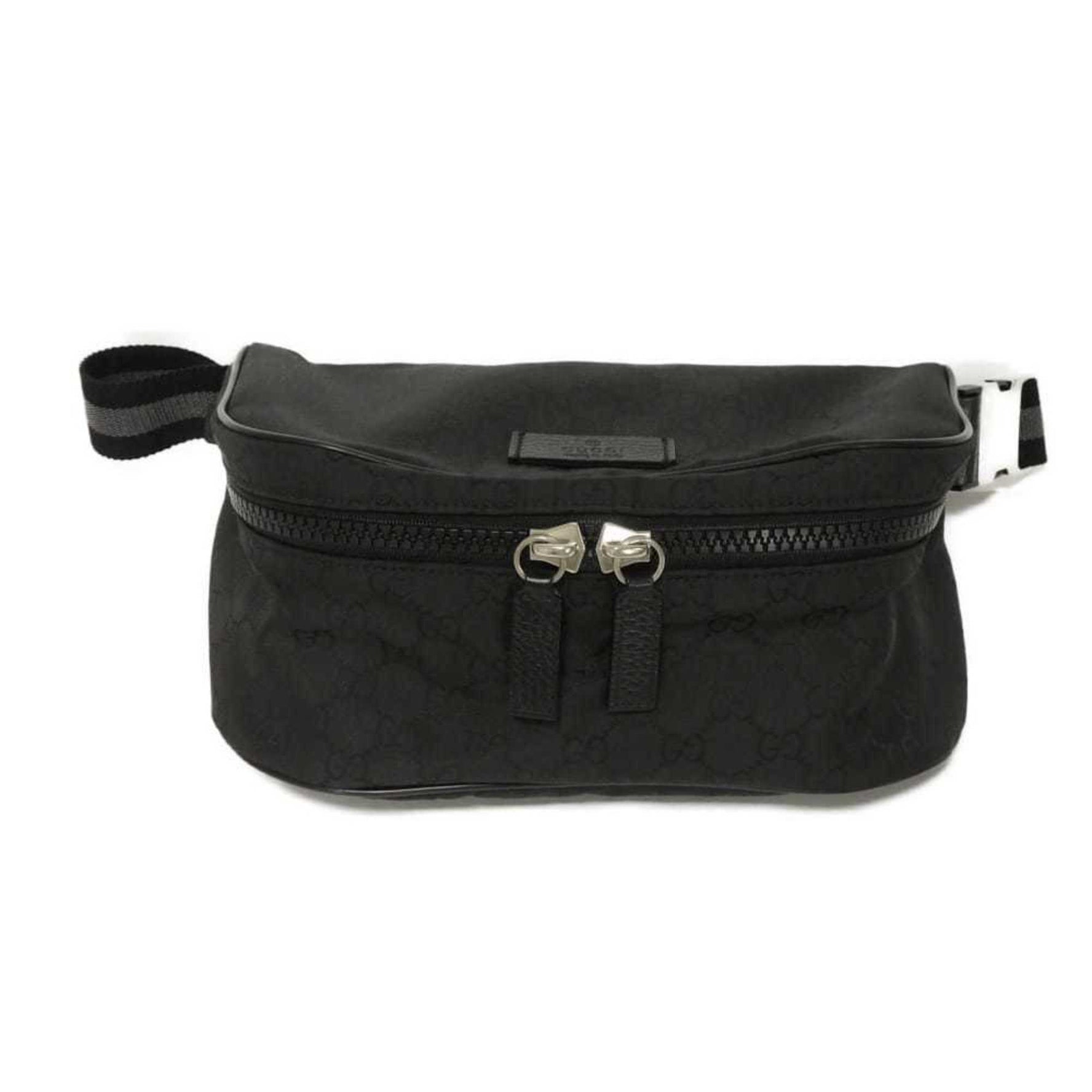 Gucci GG nylon waist pouch with leather patch, gray embossed shoulder bag, bag