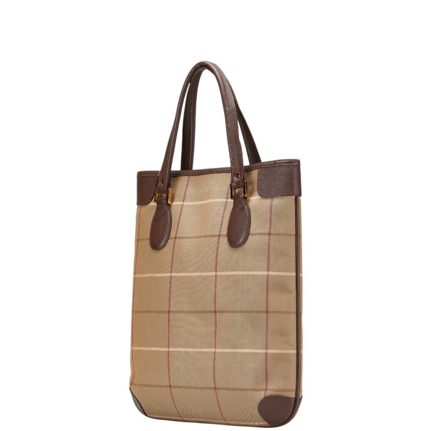 Burberry Check Tote Bag Handbag Khaki Multicolor Canvas Leather