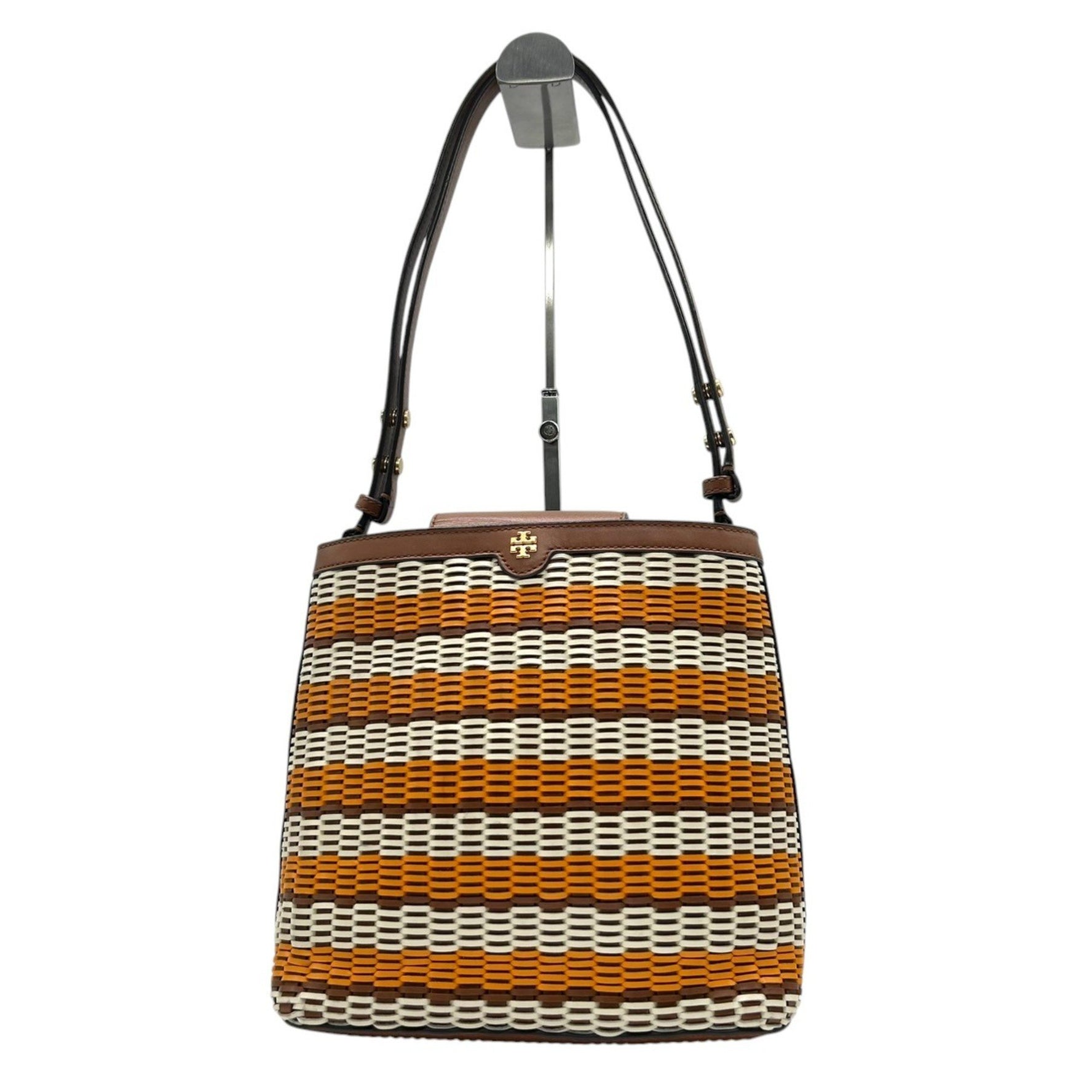Tory Burch Perry Small Triple Compartment Tote Shoulder Bag Woven Leather Basket with Multicolored Stripes, Summer Bag, Size