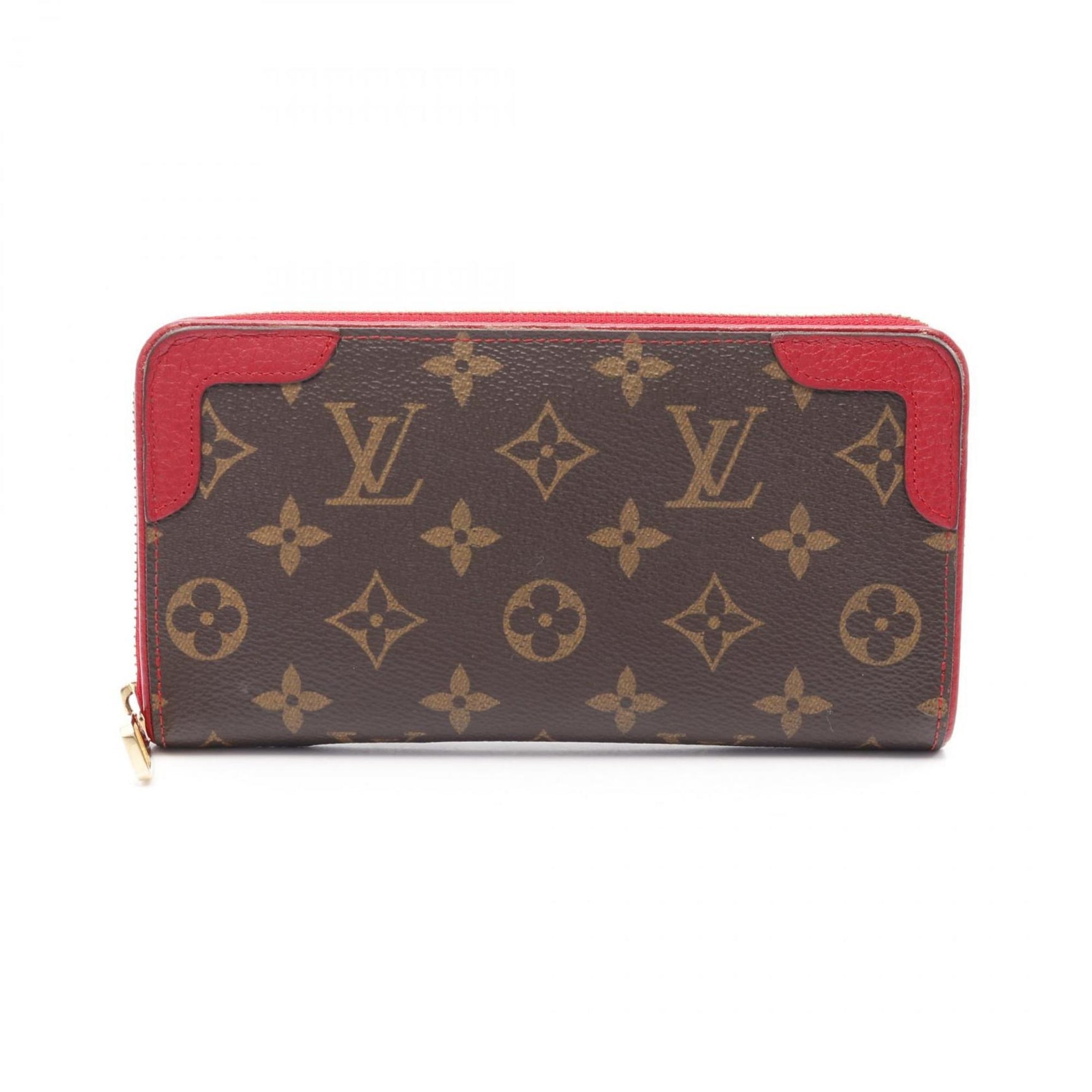 Louis Vuitton Zippy Wallet Retiro Monogram Cerise Round Long Coated Canvas Leather Brown Red