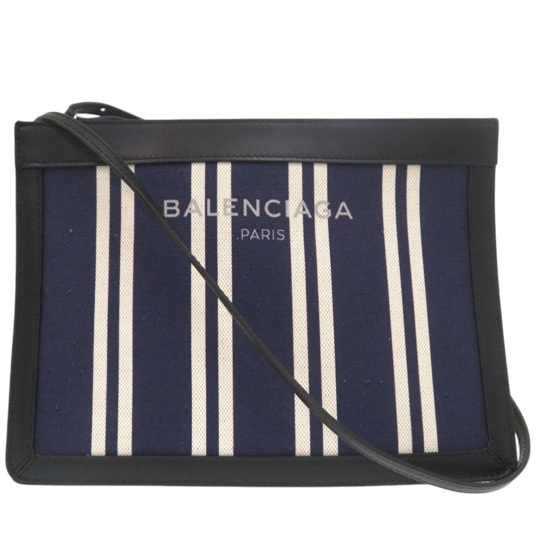 Balenciaga Stripe Pochette Shoulder Bag Canvas Leather Navy 0951BALENCIAGA