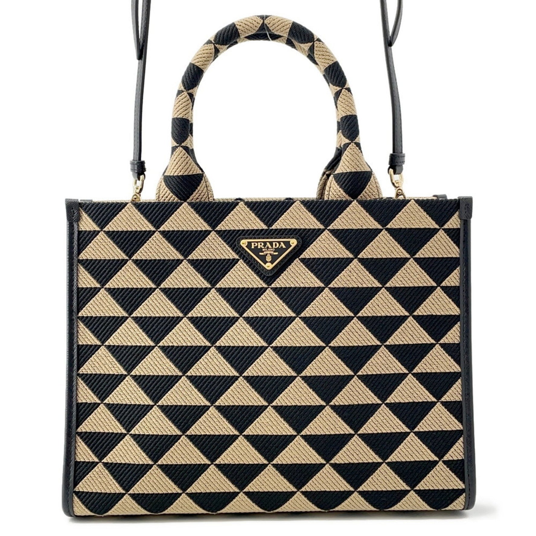 Prada Symbol Embroidered Fabric Small Handbag in Saffiano Shoulder Bag, Black