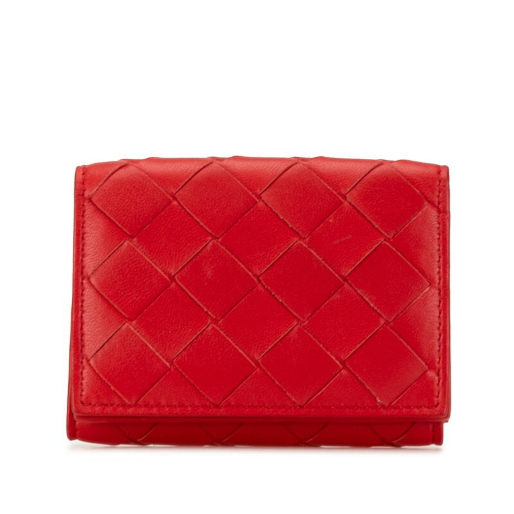 Bottega Veneta Intrecciato Tri-fold Wallet Red Leather BOTTEGAVENETA