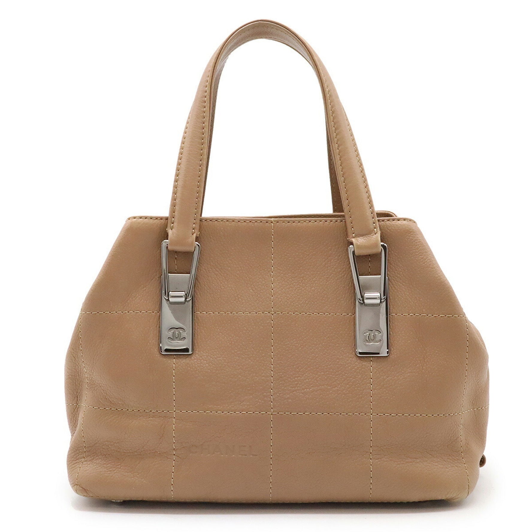 CHANEL Chocolate Bar Handbag Caviar Skin Leather Pink Beige