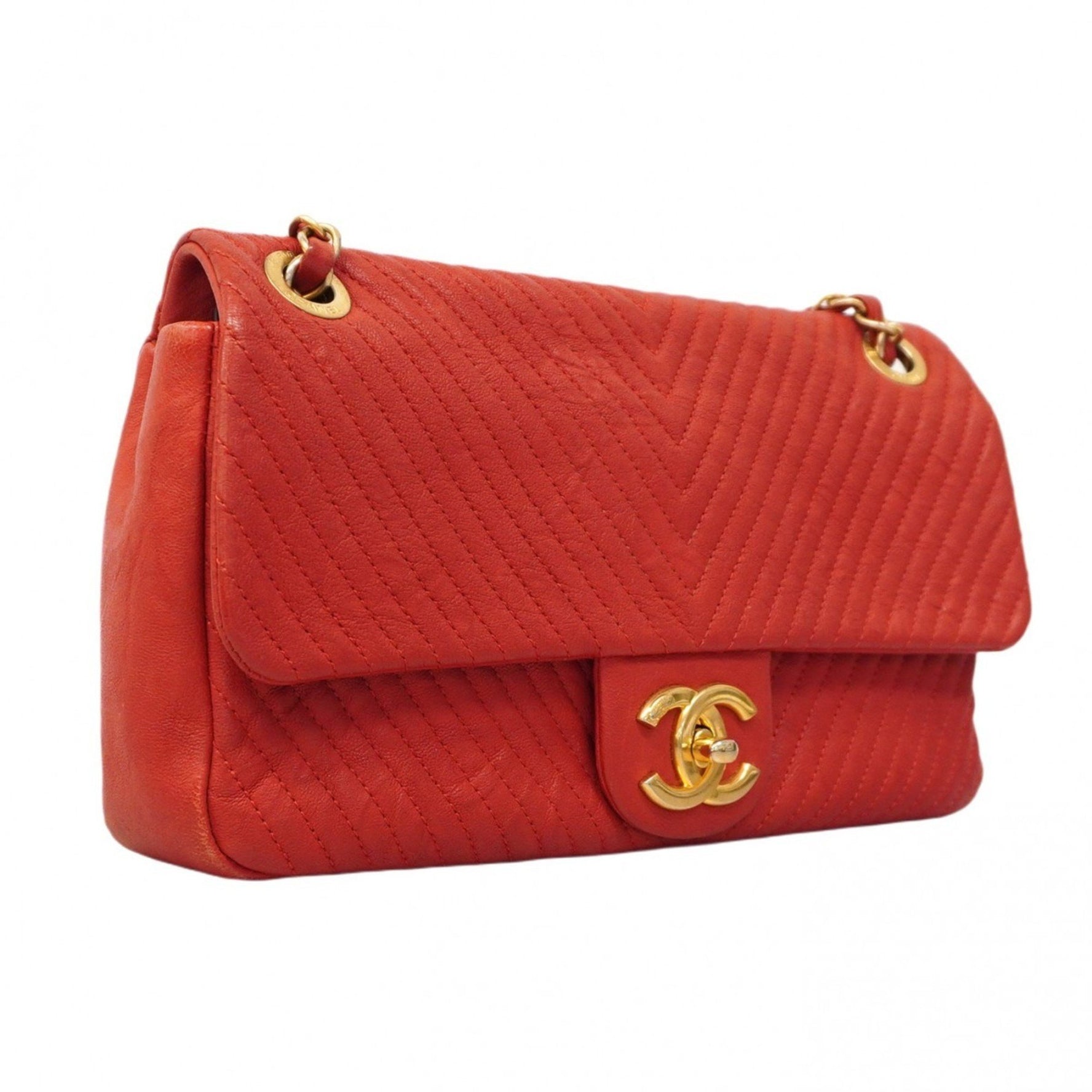 Chanel Shoulder Bag, V-Stitch Chain Leather, Red