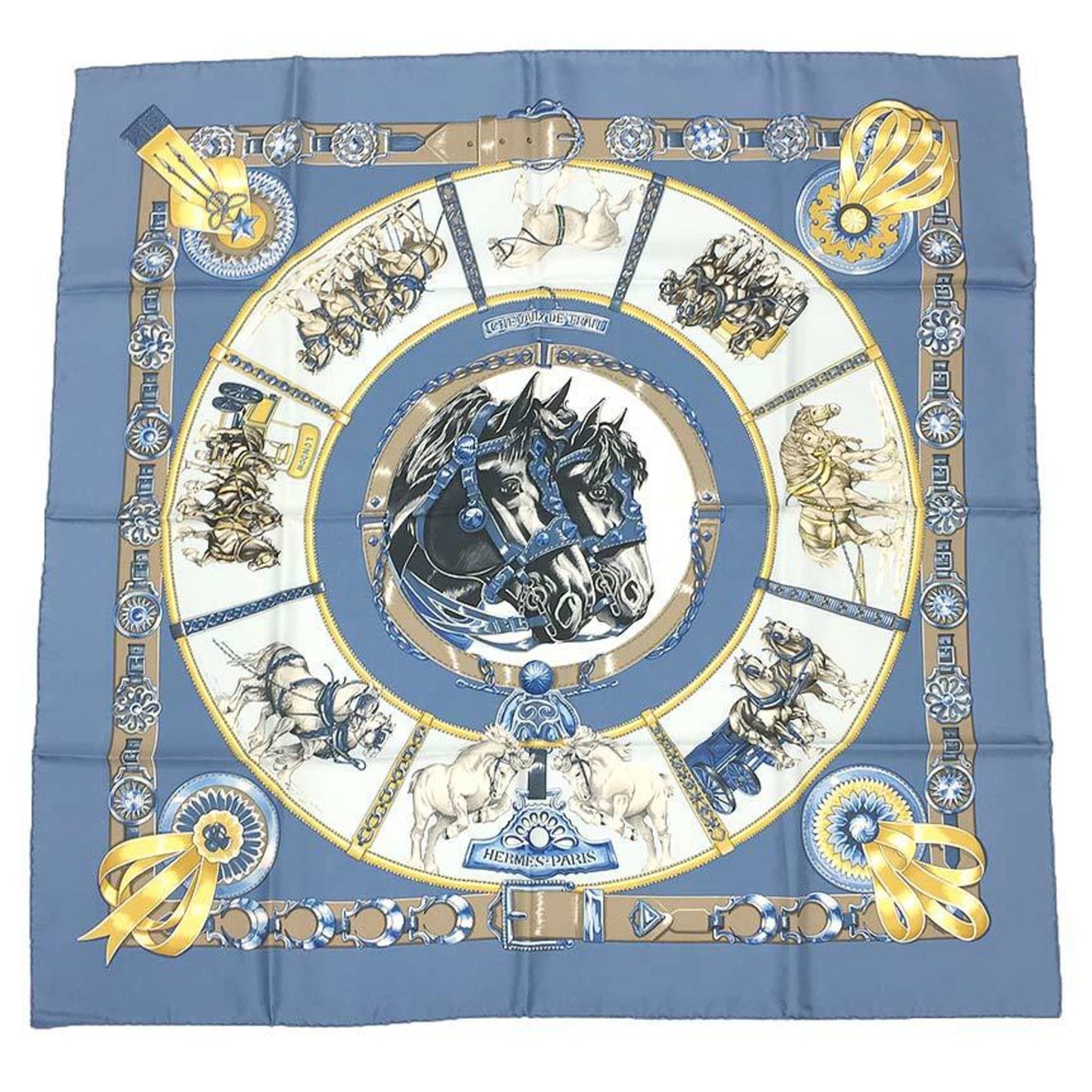 HERMES Scarf Muffler Carre 90 CHEVAUX DE TRAIT Draft Horse Bamba 100% Silk