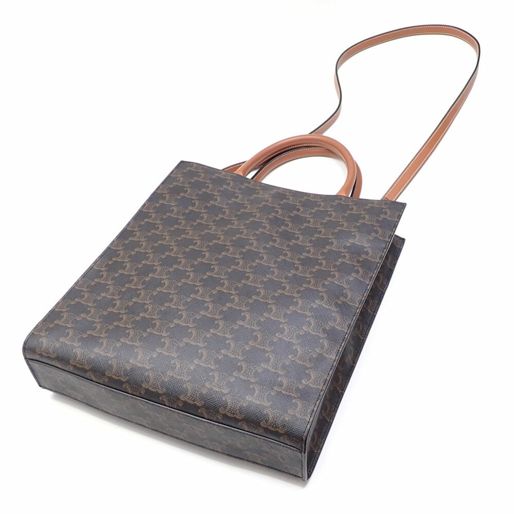 Celine Small Vertical Cabas Handbag, Tan Triomphe Canvas and Calfskin, Shoulder Bag