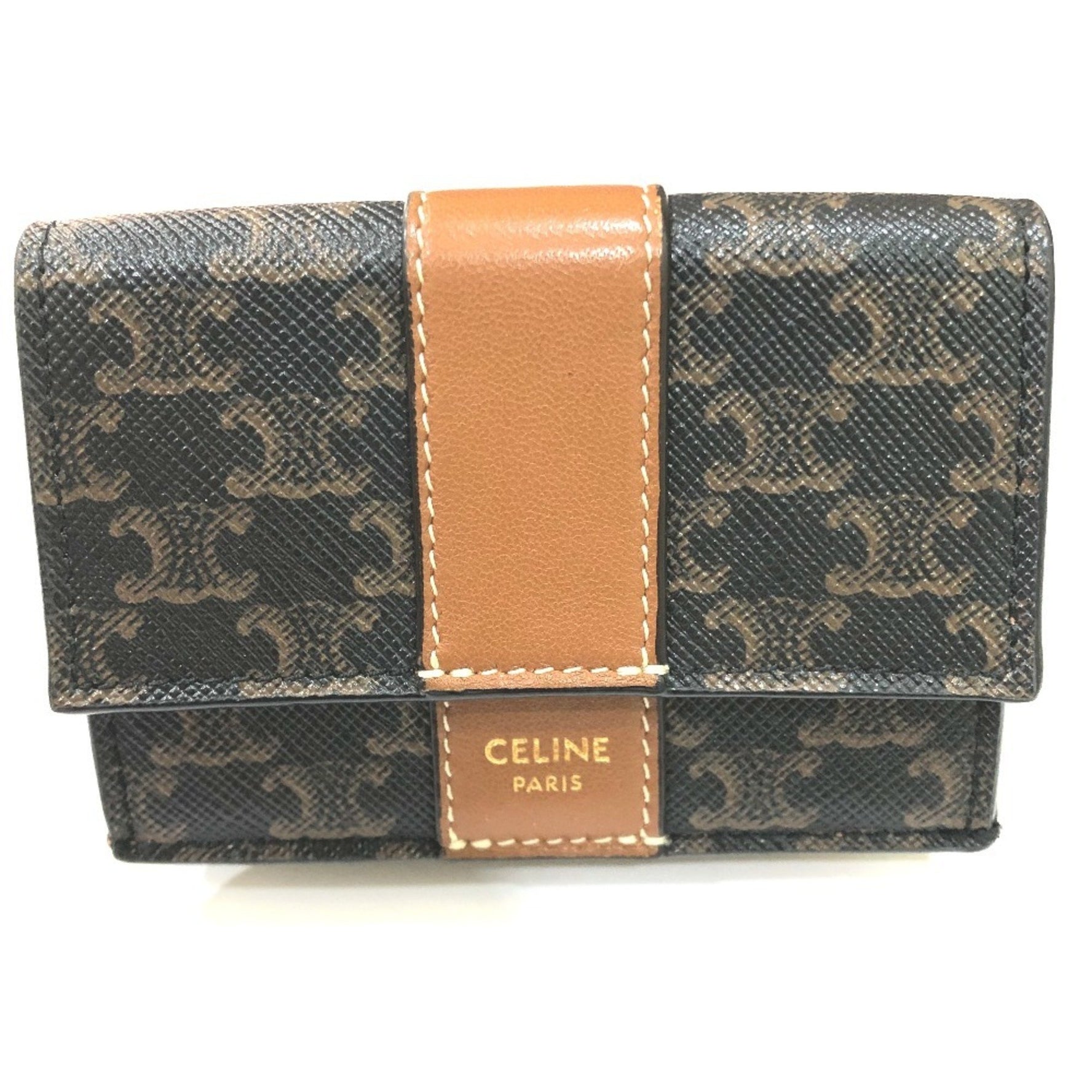 CELINE Triomphe Small Trifold Compact Wallet, PVC/Leather, Brown