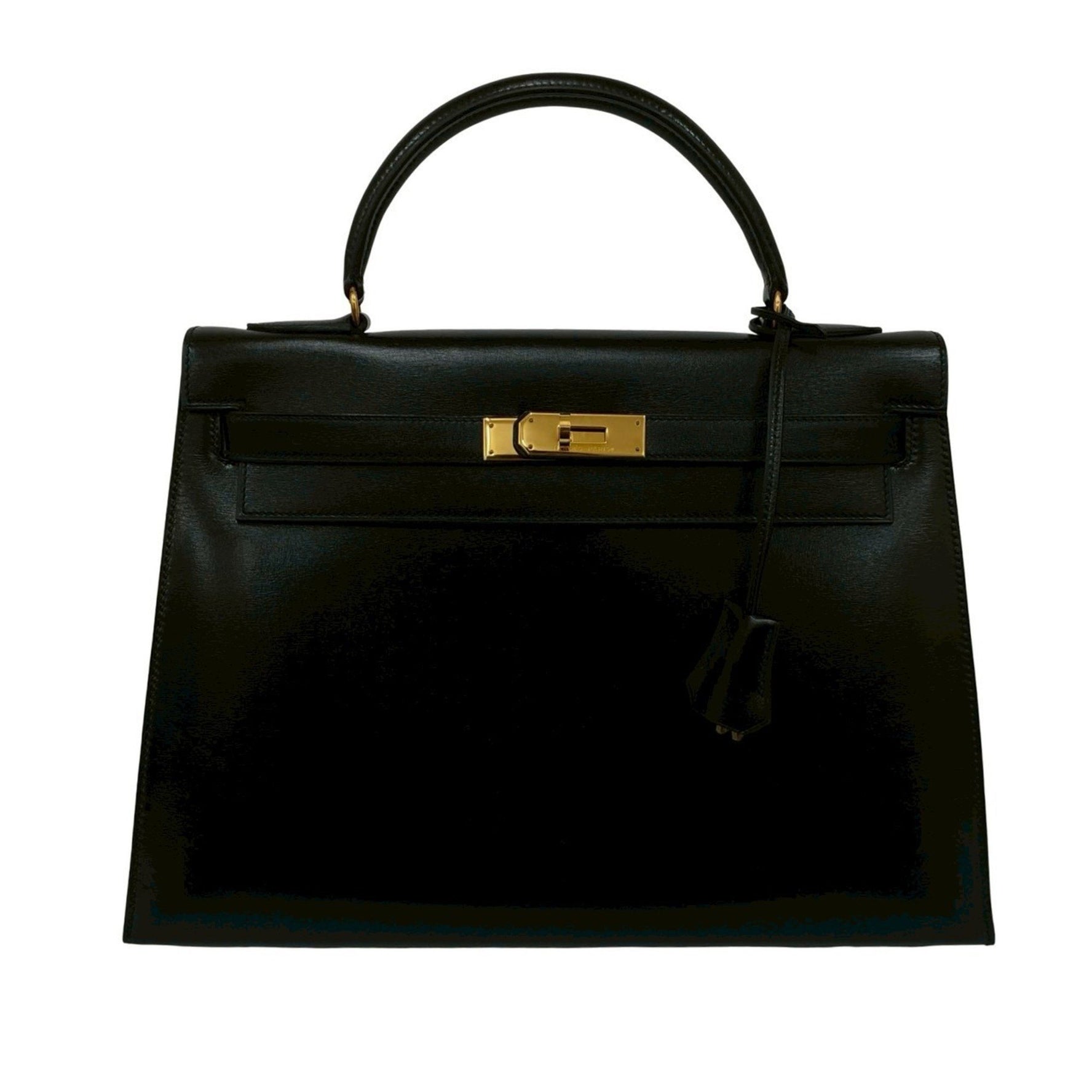 Nearly unused, T-stamped HERMES Kelly 32 box calf leather 2-way handbag/shoulder bag, black,