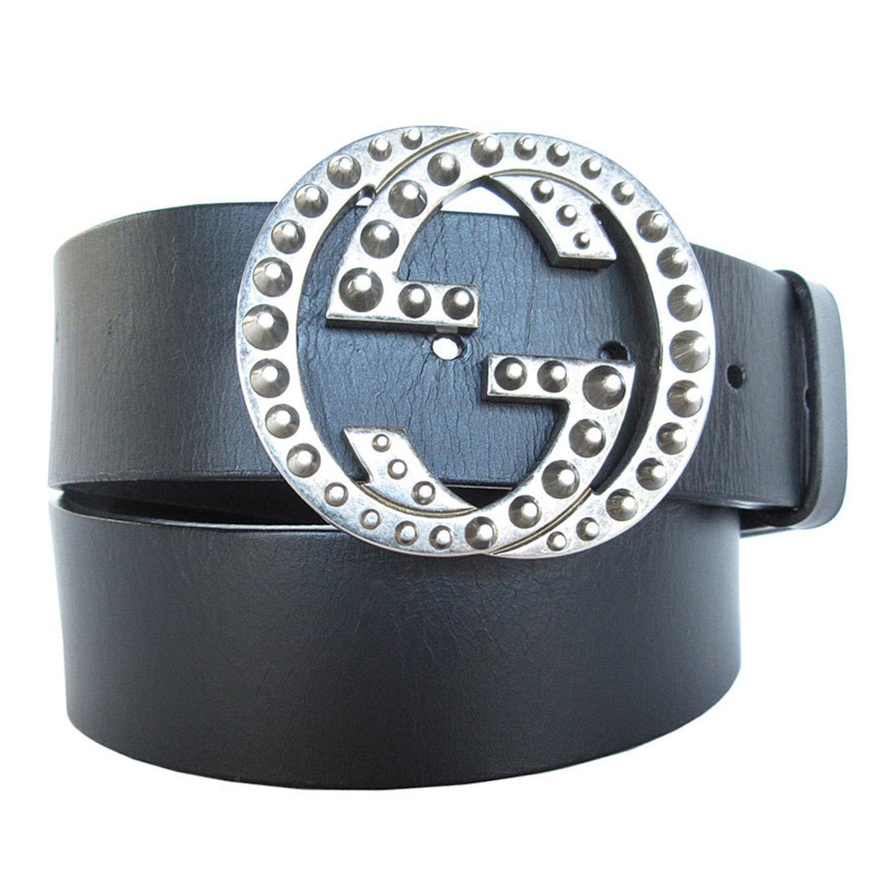 GUCCI Belt Interlocking G Leather Metal Black Silver
