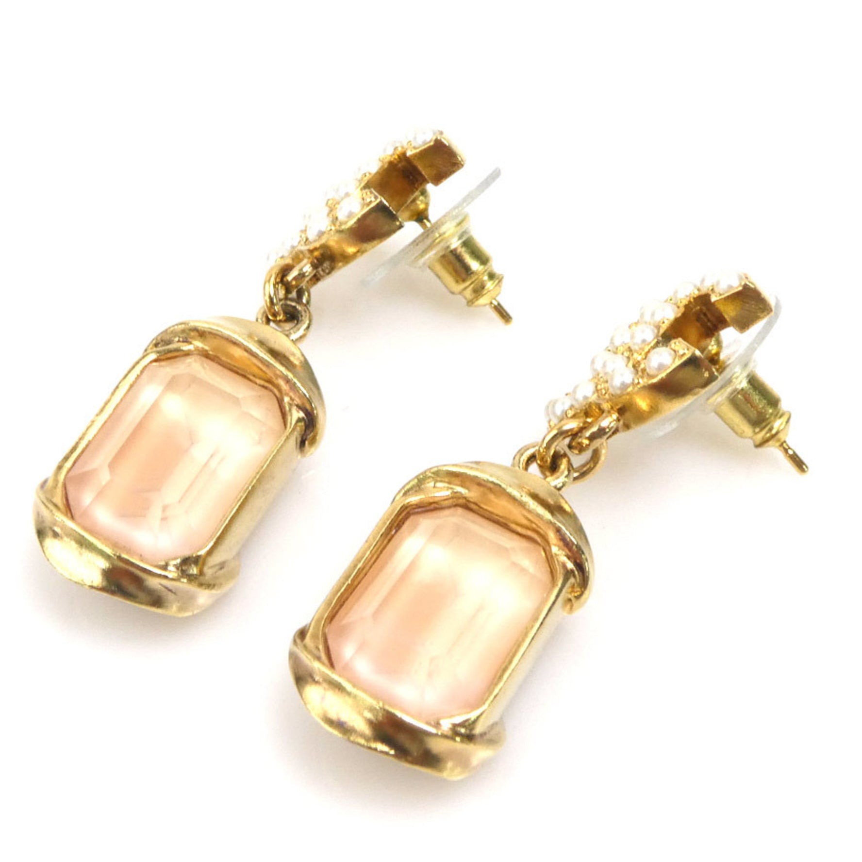CHANEL Earrings Coco Mark Metal Faux Pearl Stone Gold Off-White Pink Women's