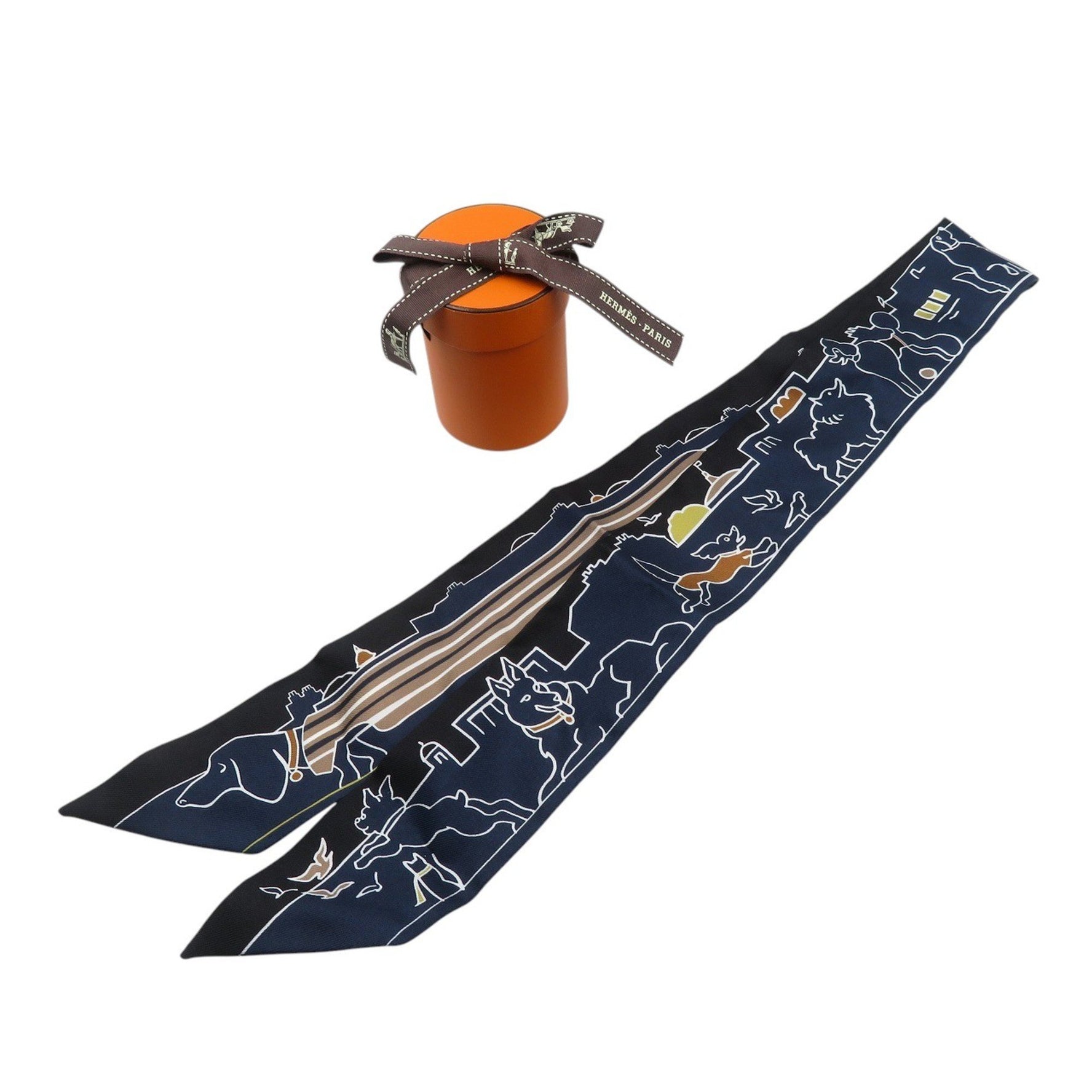 Like new Hermès Twilly Parisian Dog 01 Silk White Camel Scarf Muffler