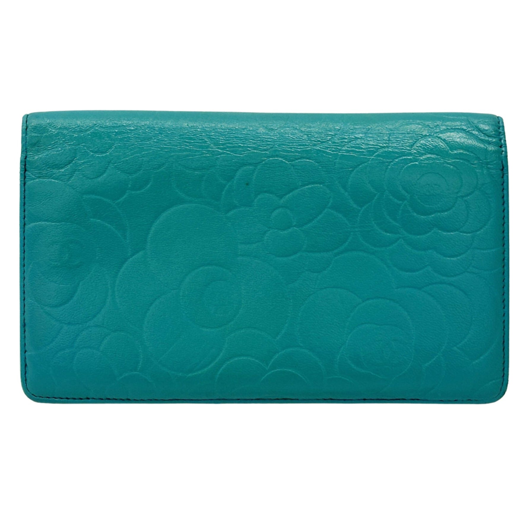 CHANEL Camellia Long Wallet in and Turquoise Leather with Coco Mark, Floral Print, Gold Hardware