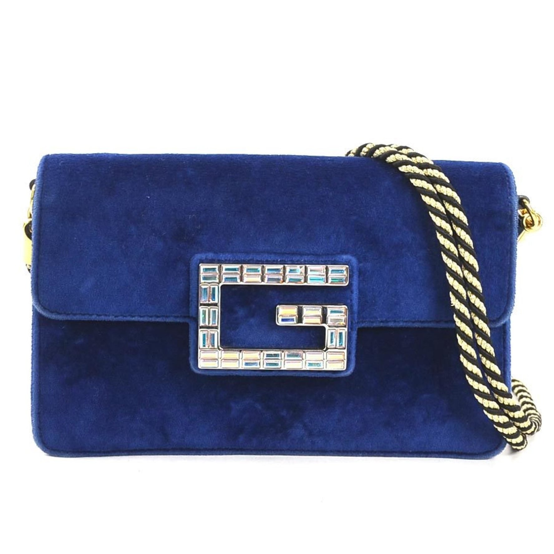 GUCCI Shoulder Bag Velvet Blue Gold Black