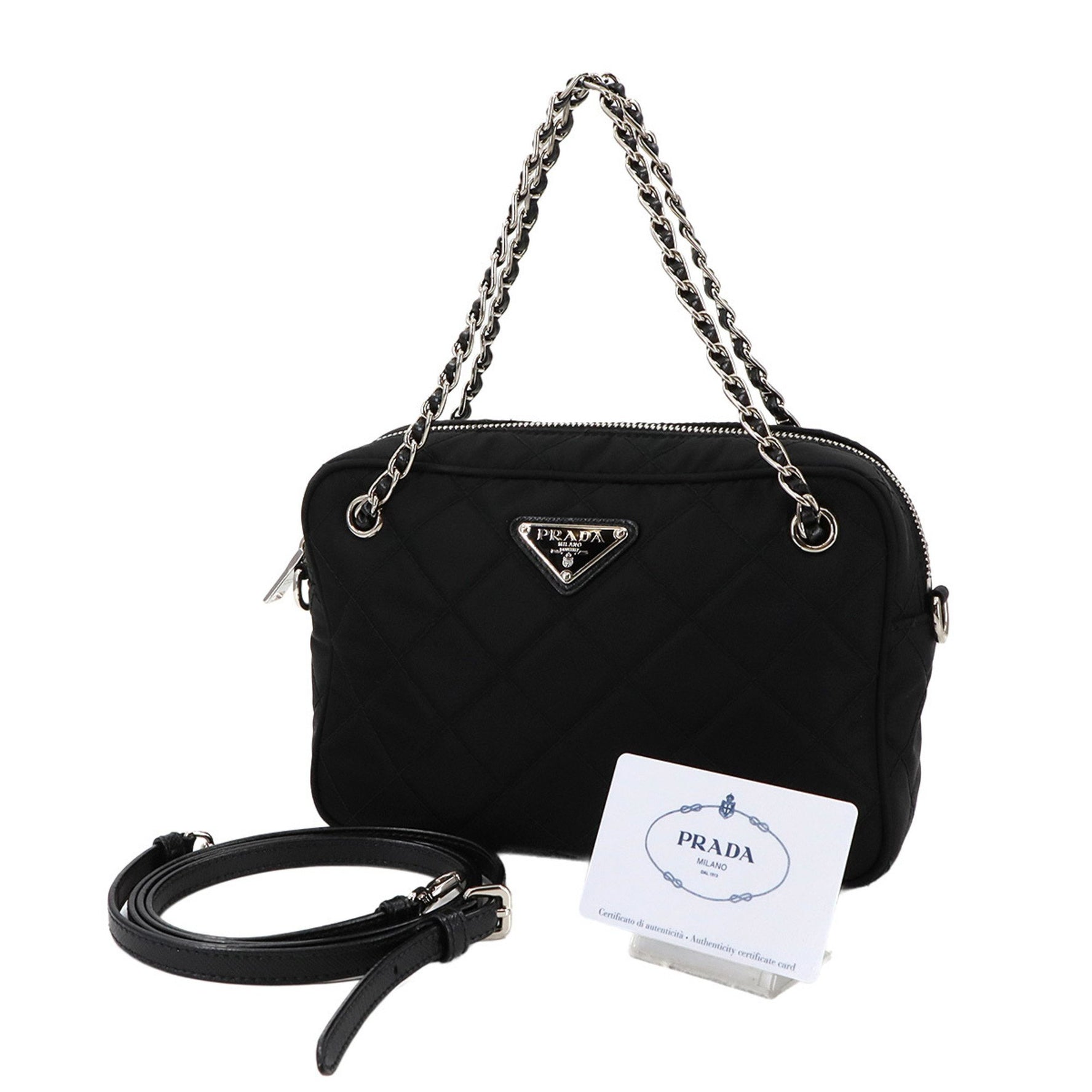 Prada chain hand/shoulder bag in nylon and Saffiano leather, with silver hardware quilted lining