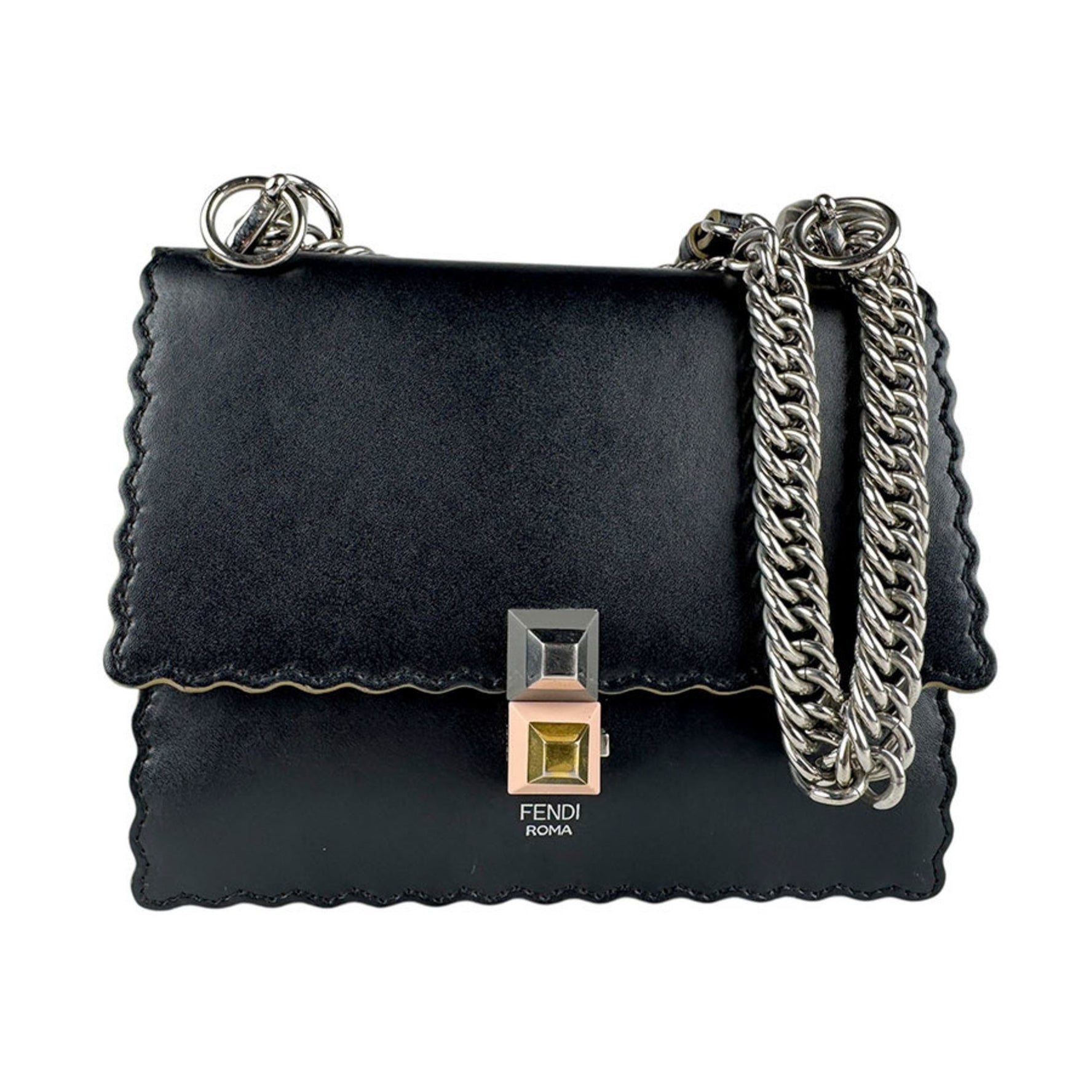 Fendi Canai Shoulder Bag in Leather, Metal, Black, and Silver