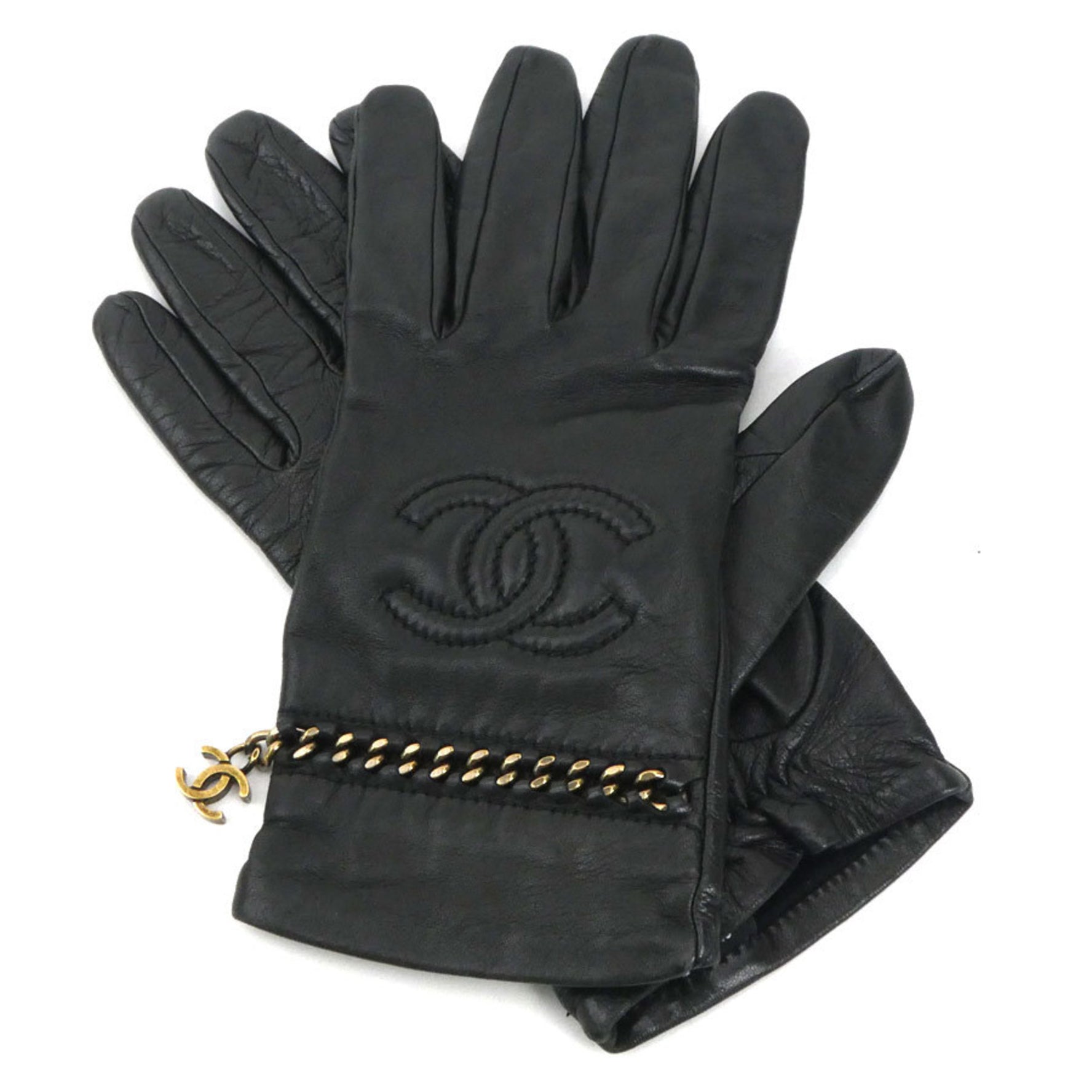 CHANEL Coco Mark Gloves Leather Metal Black Gold Women's e59941m