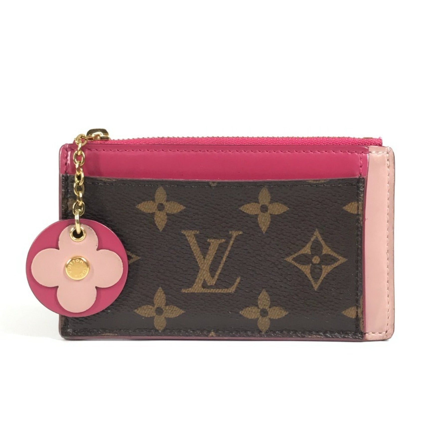 LOUIS VUITTON Monogram Porte Carte Zip Wallet with Flower Charm, Coin Purse, Canvas, Pink
