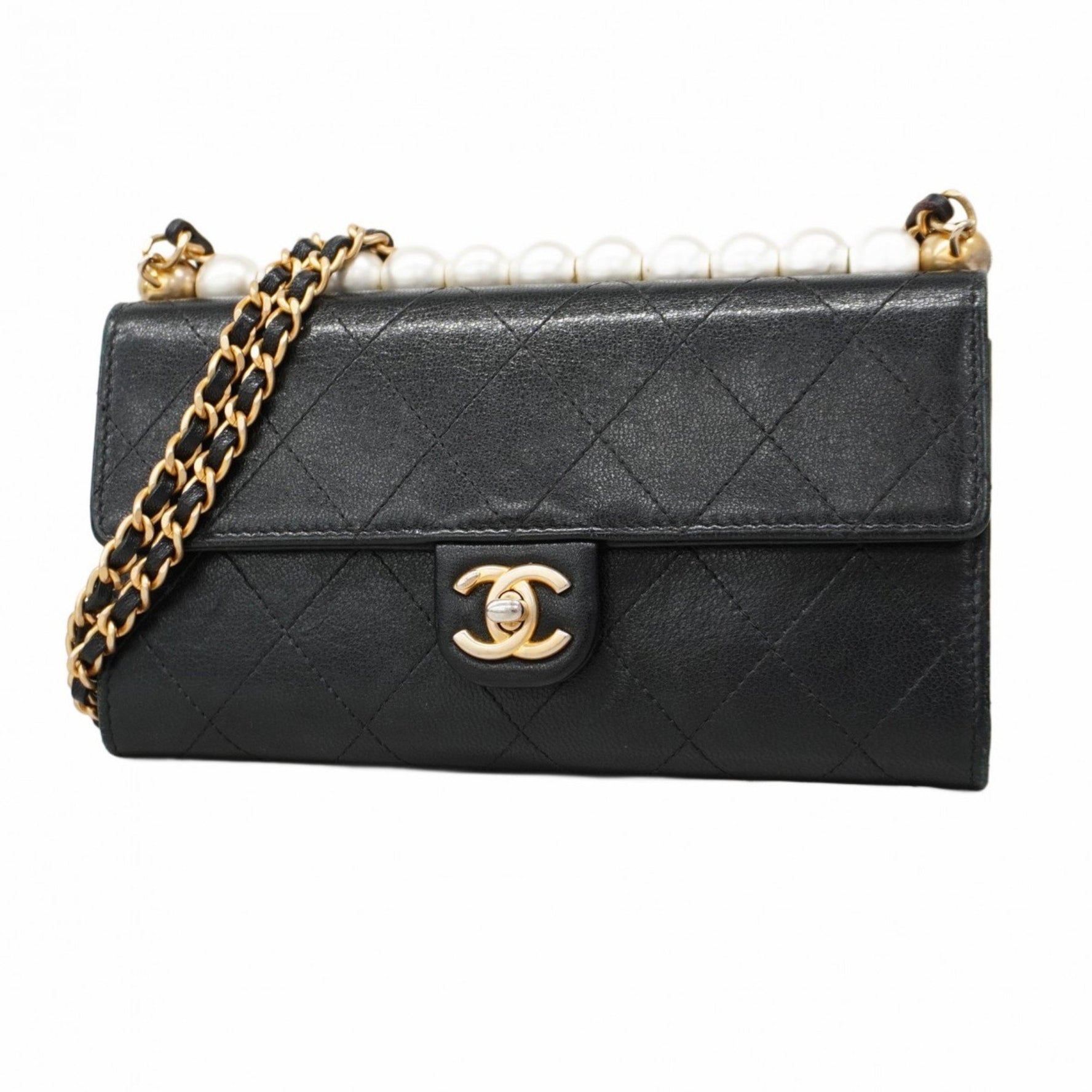Chanel Matelasse Shoulder Wallet with Chain Bag, Lambskin, Black, Women's