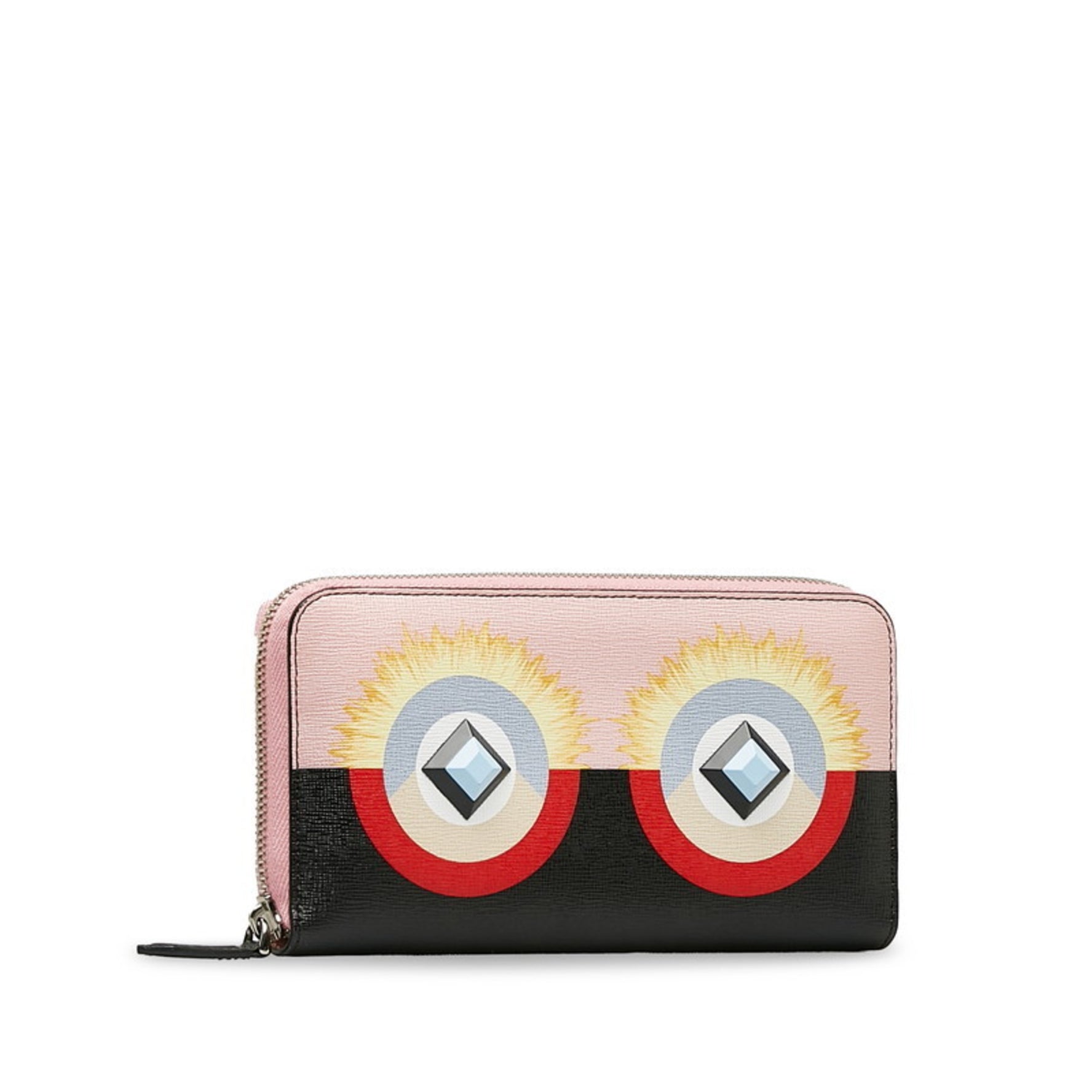 FENDI Monster Continental Wallet Round Long Pink Black Leather
