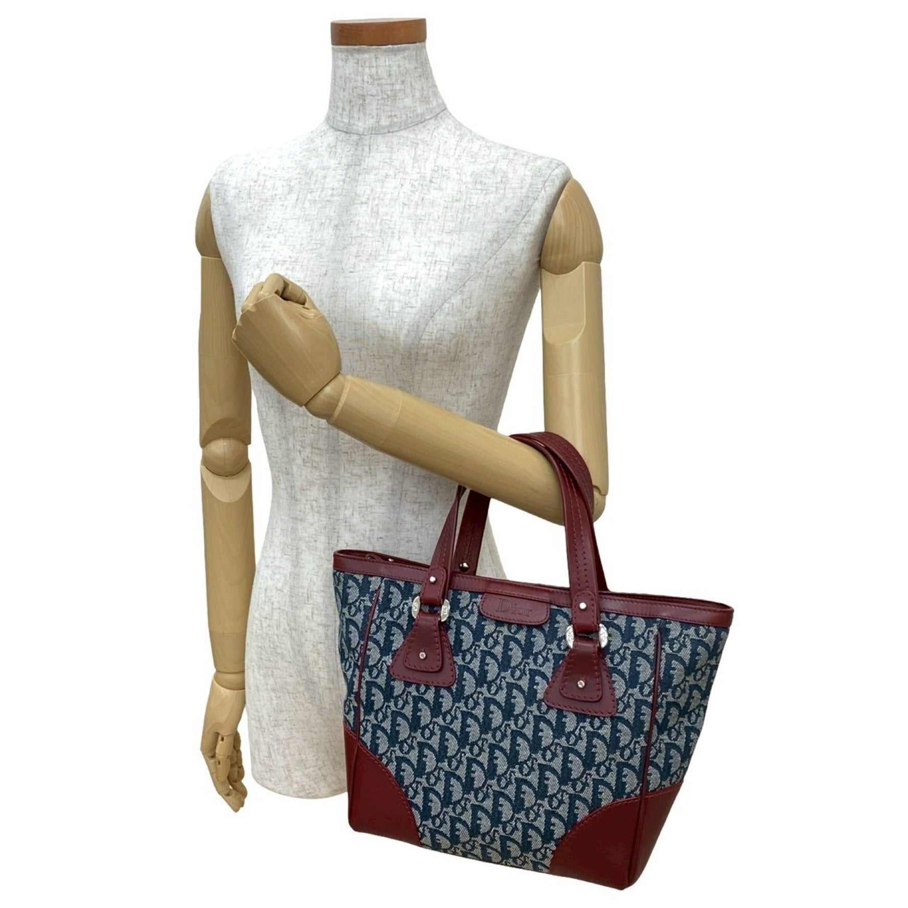 Christian Dior Trotter Pattern Canvas and Leather Handbag/Tote Bag, Navy Bordeaux