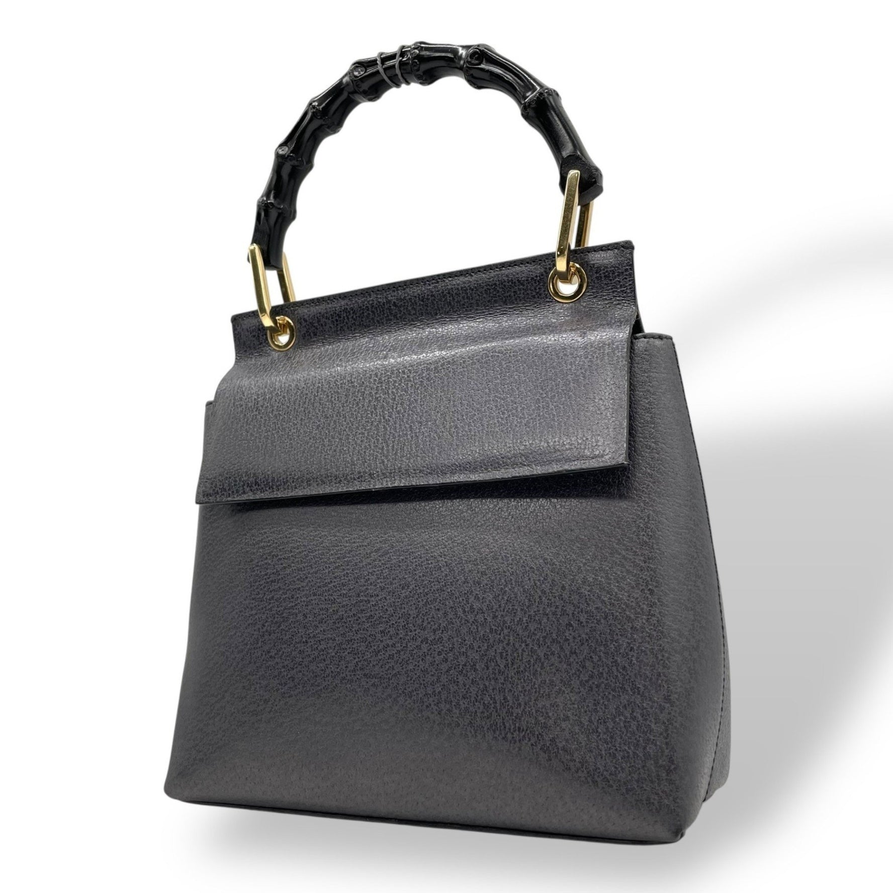 GUCCI Bamboo Handbag in Black and Navy with Gold Hardware, Vintage Style, D2
