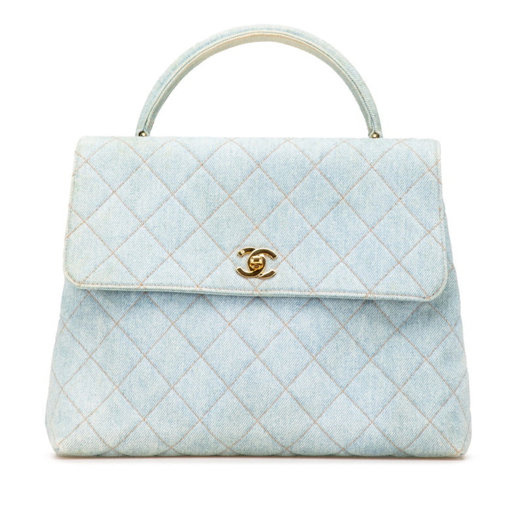 Chanel Coco Mark Quilted Handbag with Top Handles, Light Blue Denim