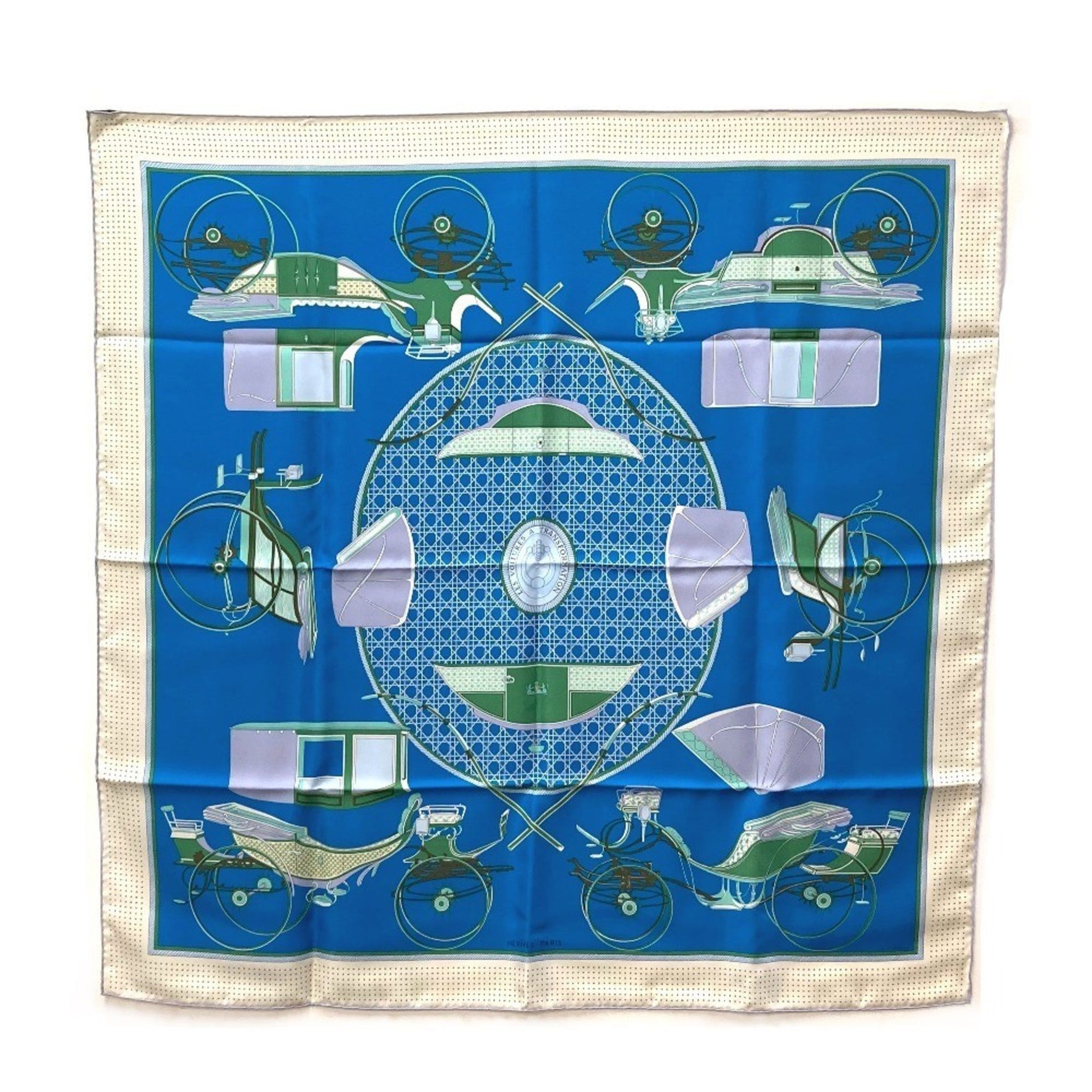 HERMES LA PERRIERE Carriage Carré 90 Silk Scarf Muffler Blue/Green/Ivory