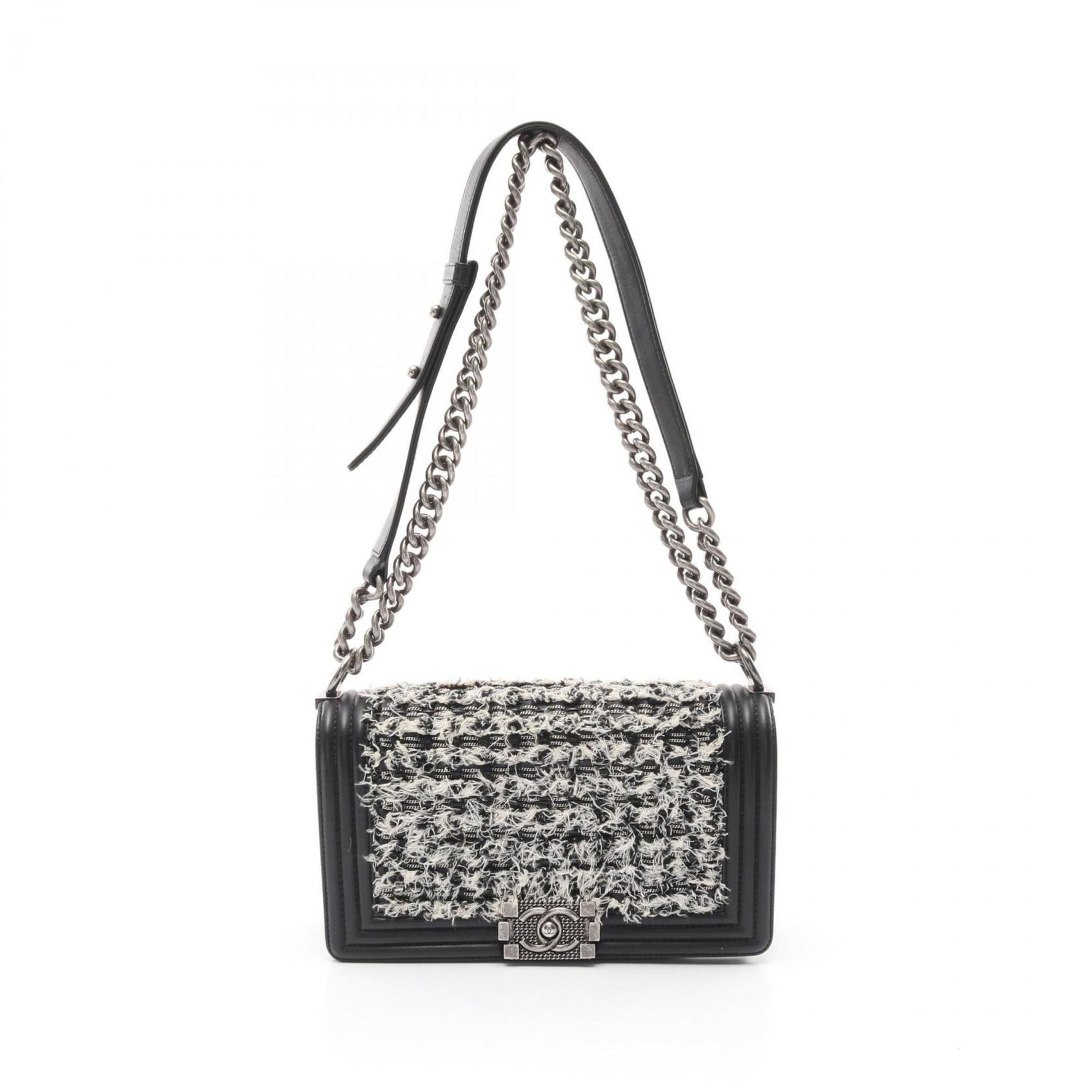 CHANEL Boy Shoulder Bag, Leather and Fabric, Black White