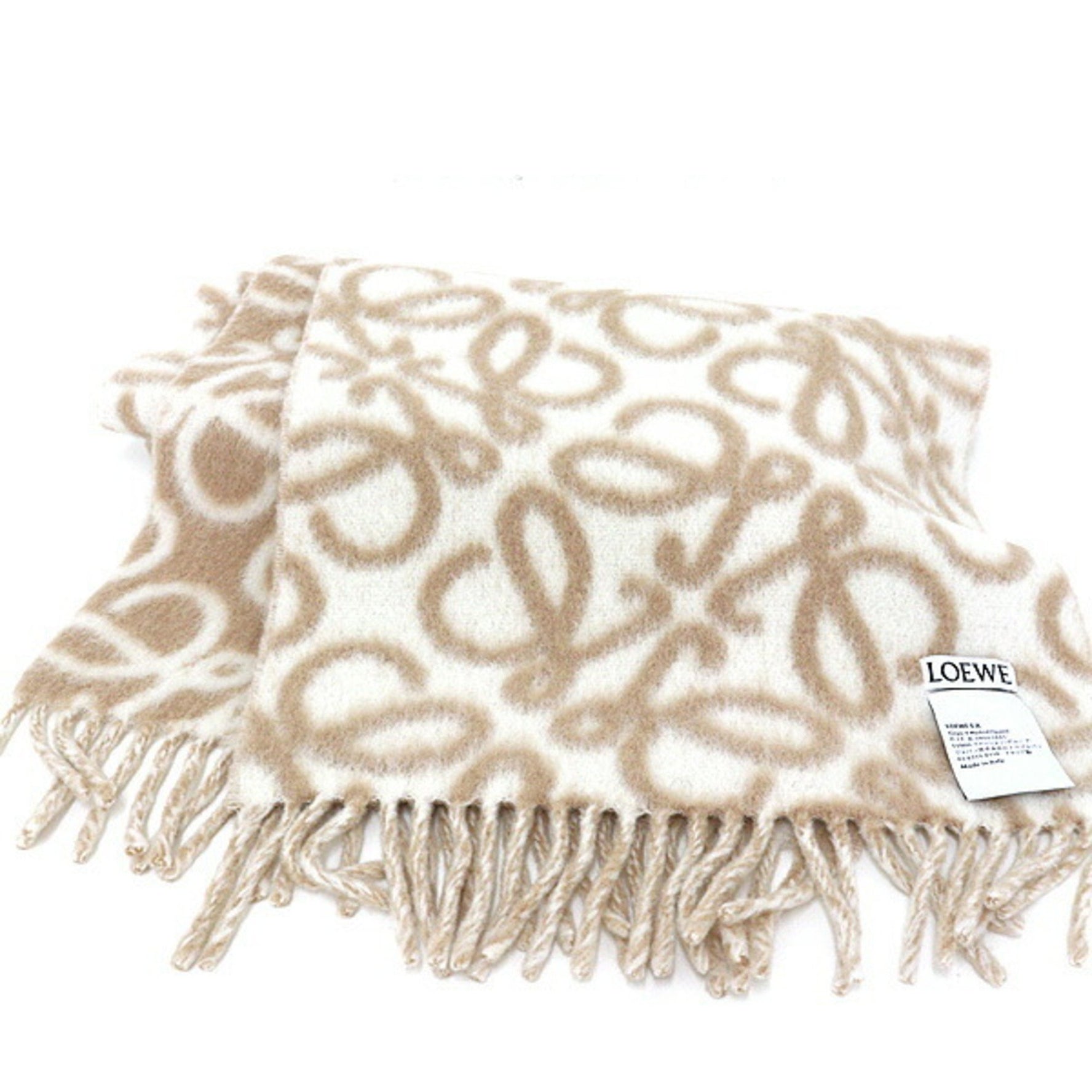 Loewe Anagram Scarf Alpaca & Wool Blend Beige/White Muffler Stole Unused
