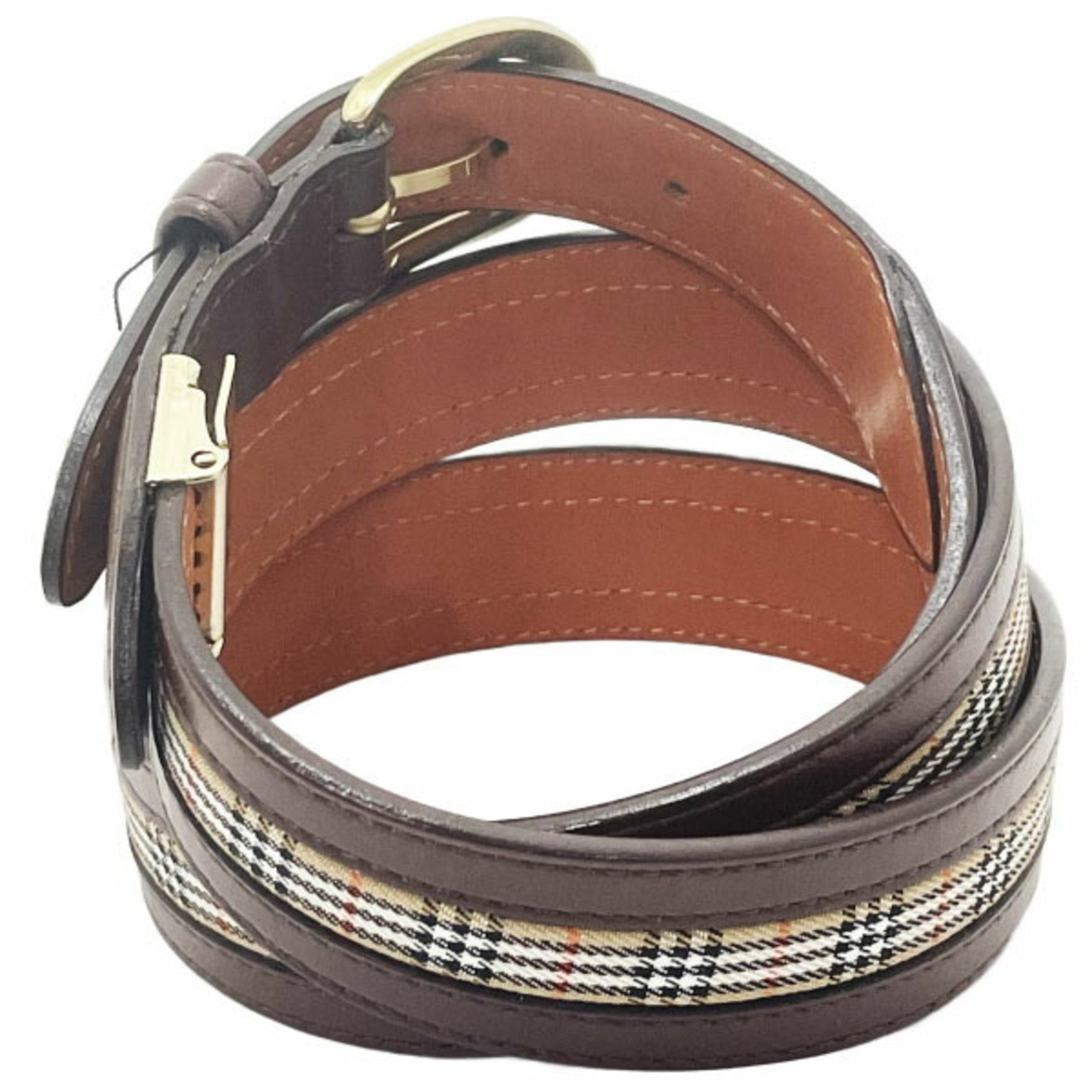 Burberry London Check Pattern Belt Men's Leather Canvas Dark Brown Beige Size approx. 95cm BURBERRY LONDON AA-15182