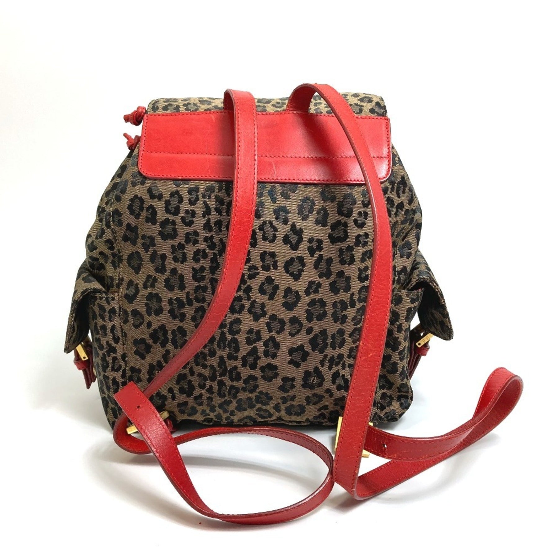 FENDI Leopard Print Backpack in Canvas/Leather, Brown and Red