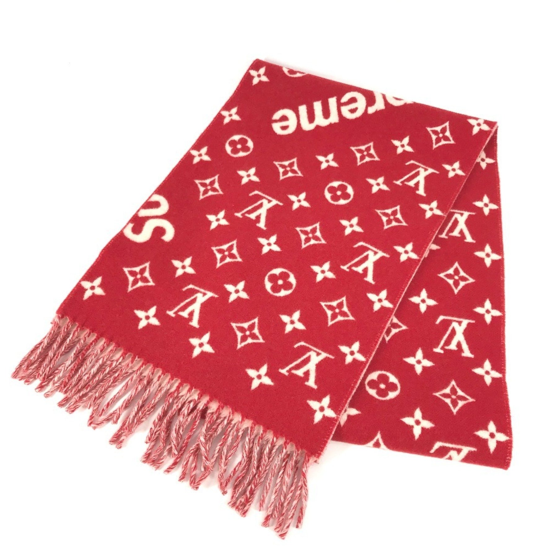 Louis Vuitton Supreme collaboration fringe scarf wool cashmere men's red