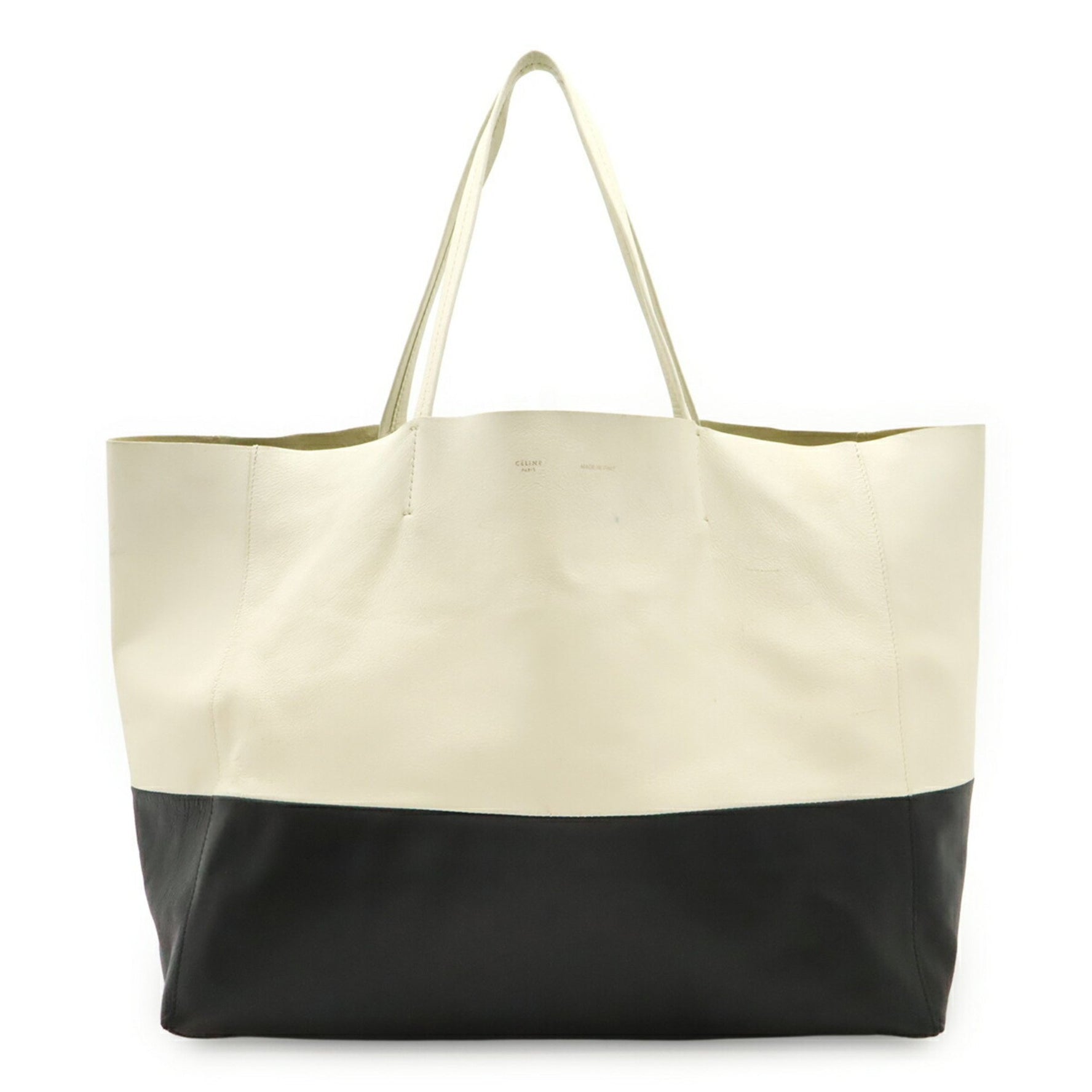 CELINE Horizontal Cabas Tote Bag, Large Shoulder Leather, White, Black