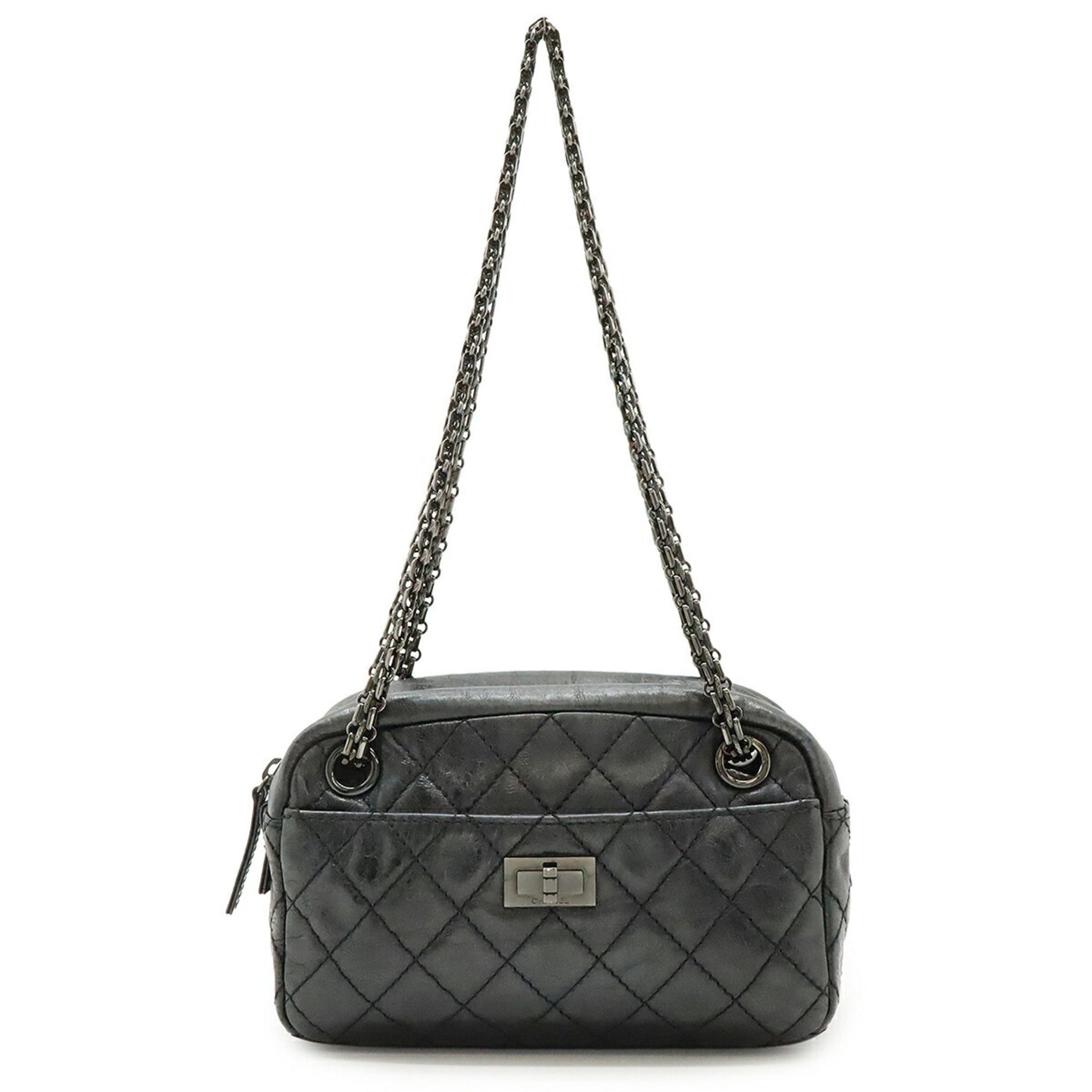 CHANEL 2.55 Matelasse Chain Shoulder Bag Pochette Leather Metallic Gray
