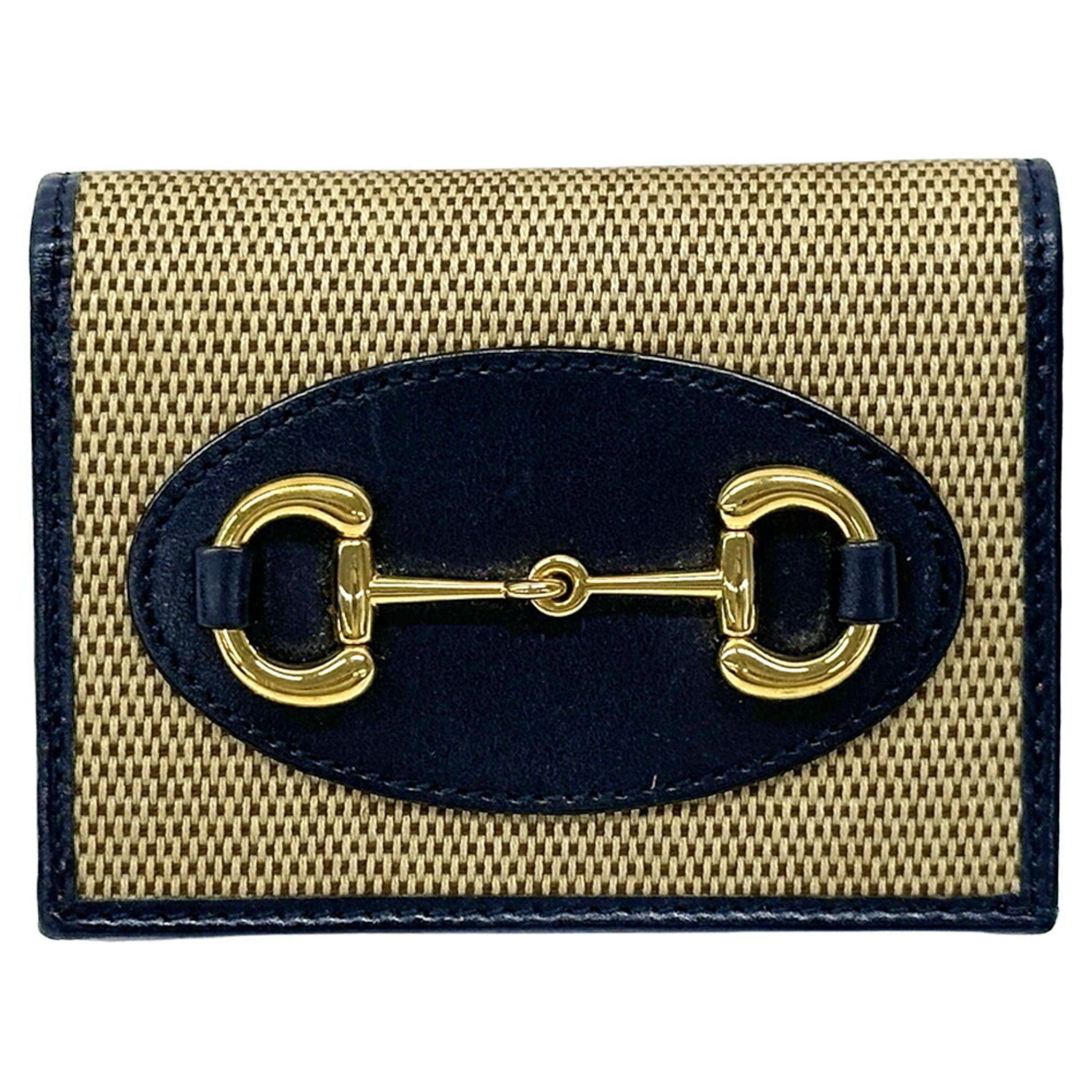 Gucci Horsebit Bifold Wallet in Canvas and Leather, Beige Navy