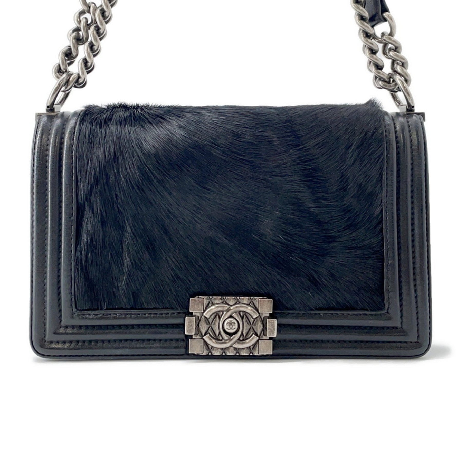 CHANEL BOY Chain Shoulder Bag with Coco Mark, Caviar Skin