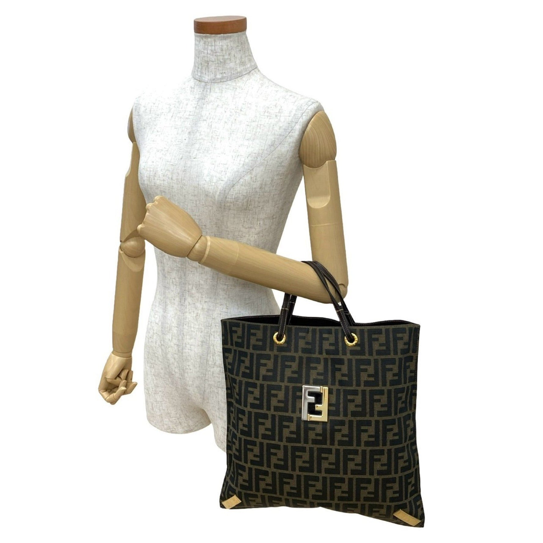 FENDI Zucca FF all-over print logo hardware canvas and leather tote bag, handbag, business brown