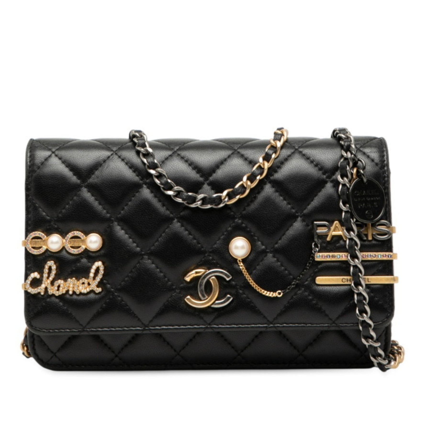 CHANEL Matelasse Coco Mark Shoulder Bag with Chain Wallet in Black and Multicolored Lambskin Rhinestones