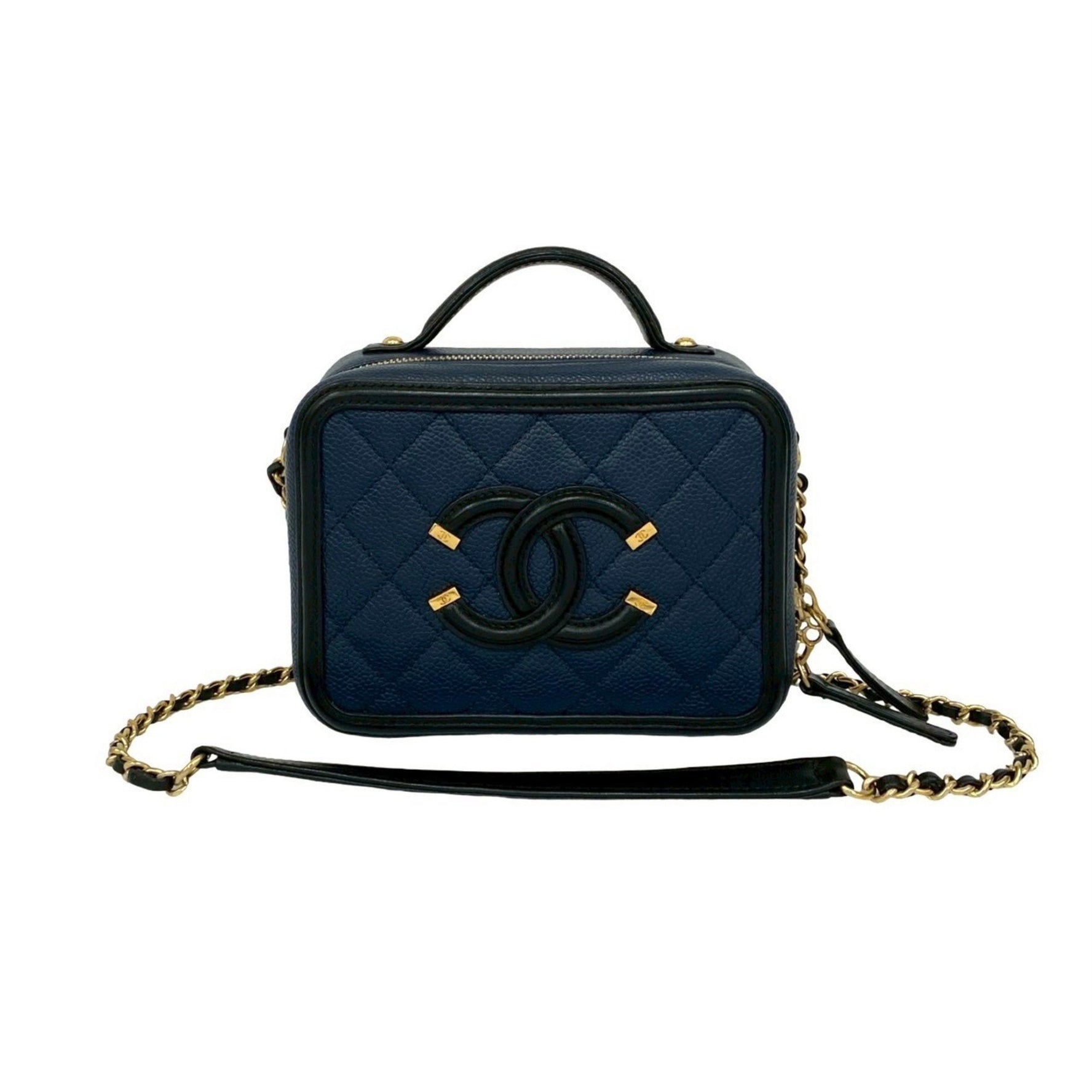 CHANEL CC Filigree Coco Mark Caviar Leather Handbag/Shoulder Bag, Navy